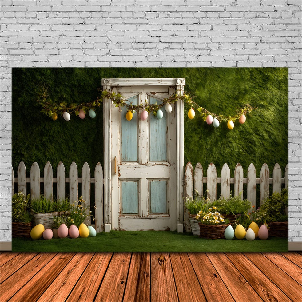 Toile de fond Photo Pâques Guirlande Œufs Clôture Porte Par Magali