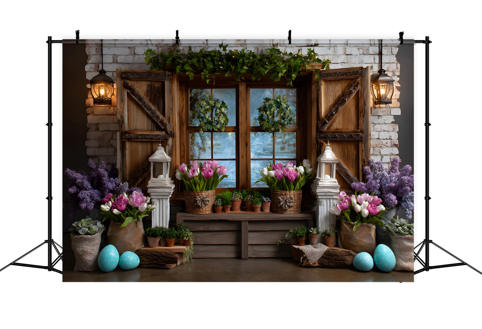 Fond Studio Pâques Fenêtre Couronne Tulipees Œufs Par Magali