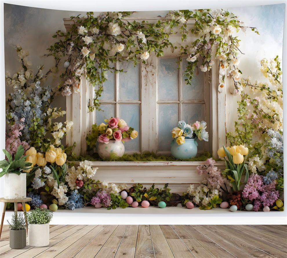 Toile de fond Photo Pâques Fenêtre Florale Œufs Pastel Par Magali