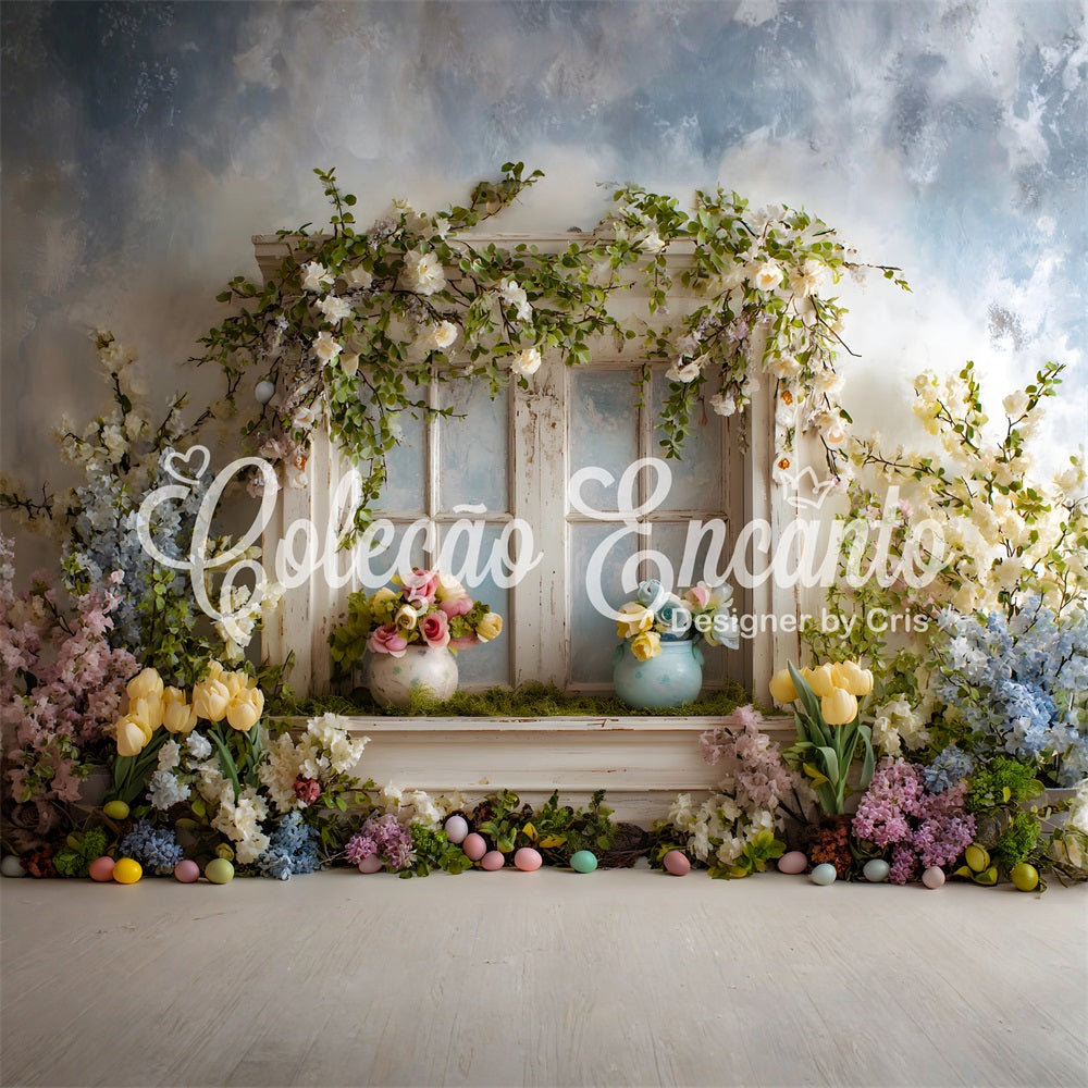 Toile de fond Photo Pâques Fenêtre Florale Œufs Pastel Par Magali