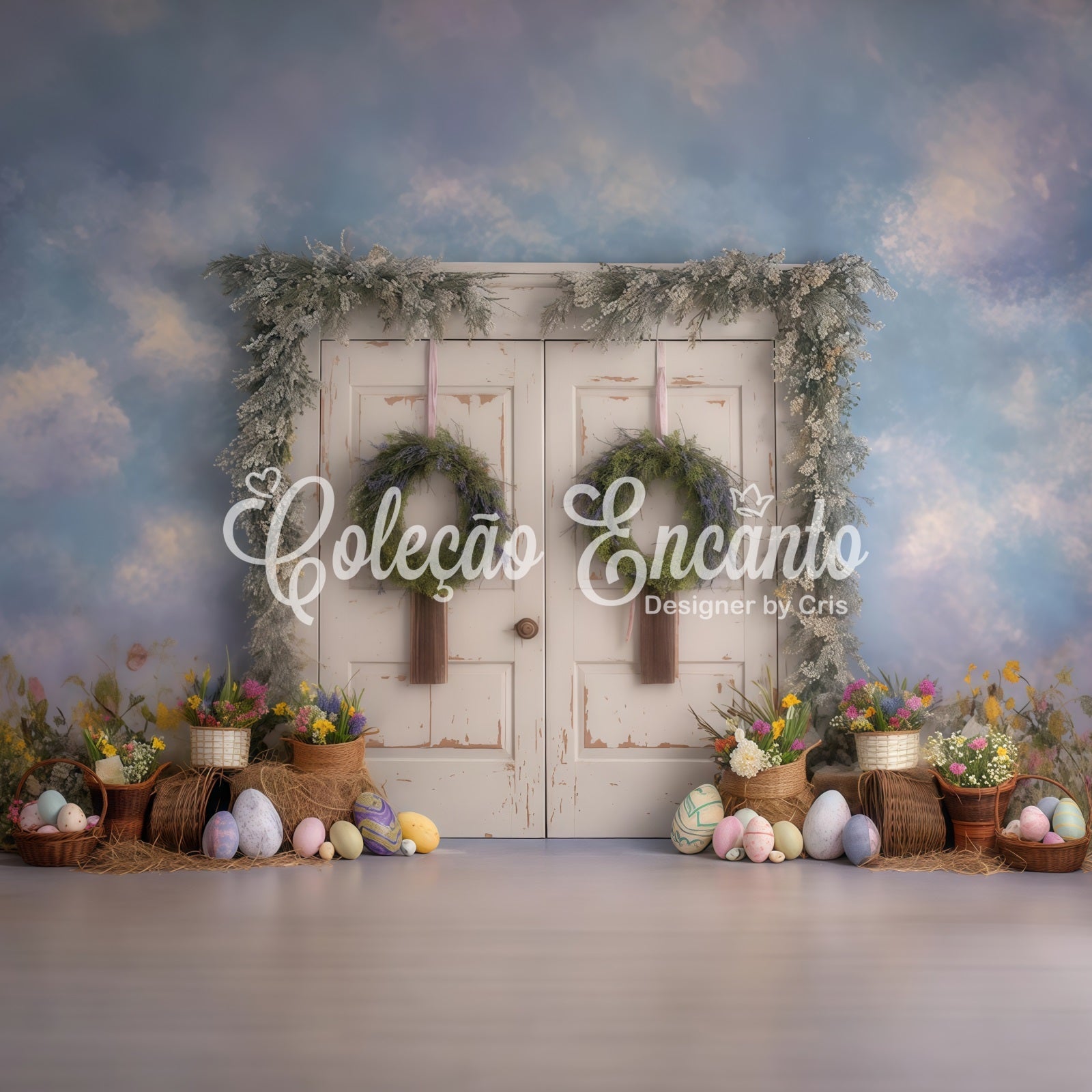 Toile de fond Pâques Porte Fleurie Rustique Présentation Œufs Par Magali
