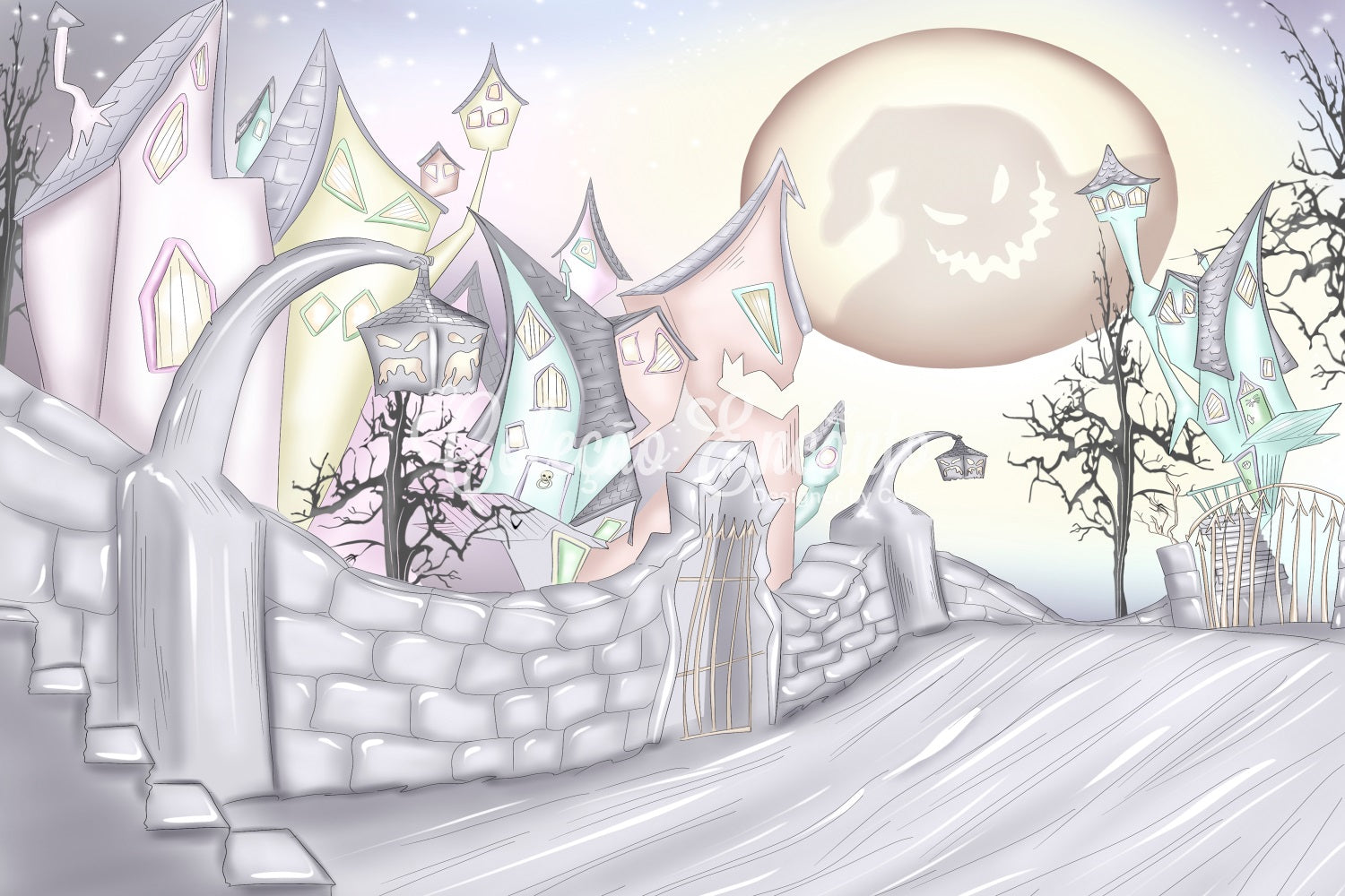 Toile de fond Photo Nouveau-né Village Hanté Lune Tordue Par Magali