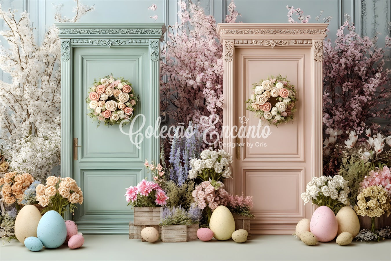 Toile de fond Pâques Portes Doubles Fleurs Œufs Par Magali