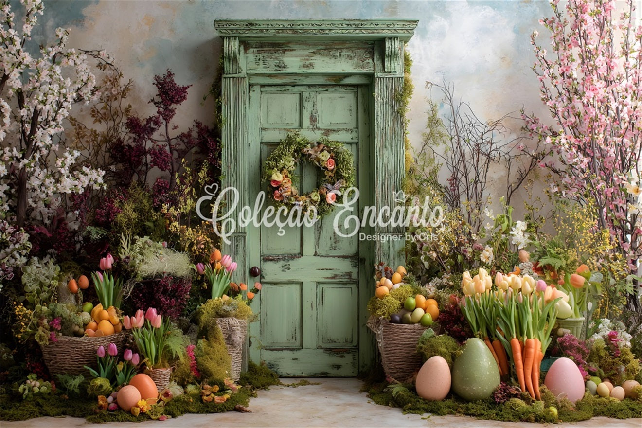 Toile de fond Photo Pâques Porte Verte Rustique Mousse Œuf Par Magali