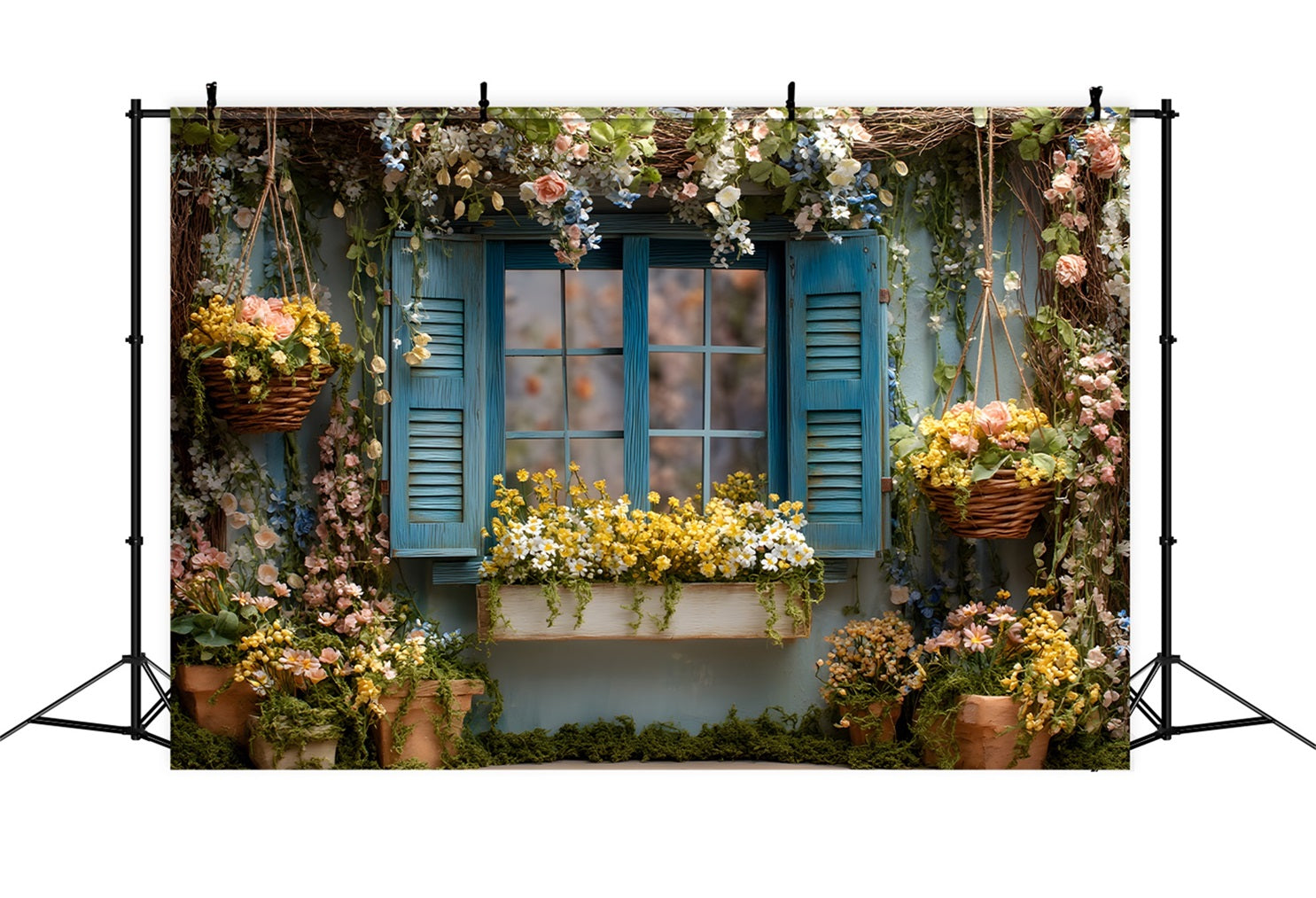 Toile de fond Photo Pâques Fenêtre Bleue Fleurs Printanières Par Magali