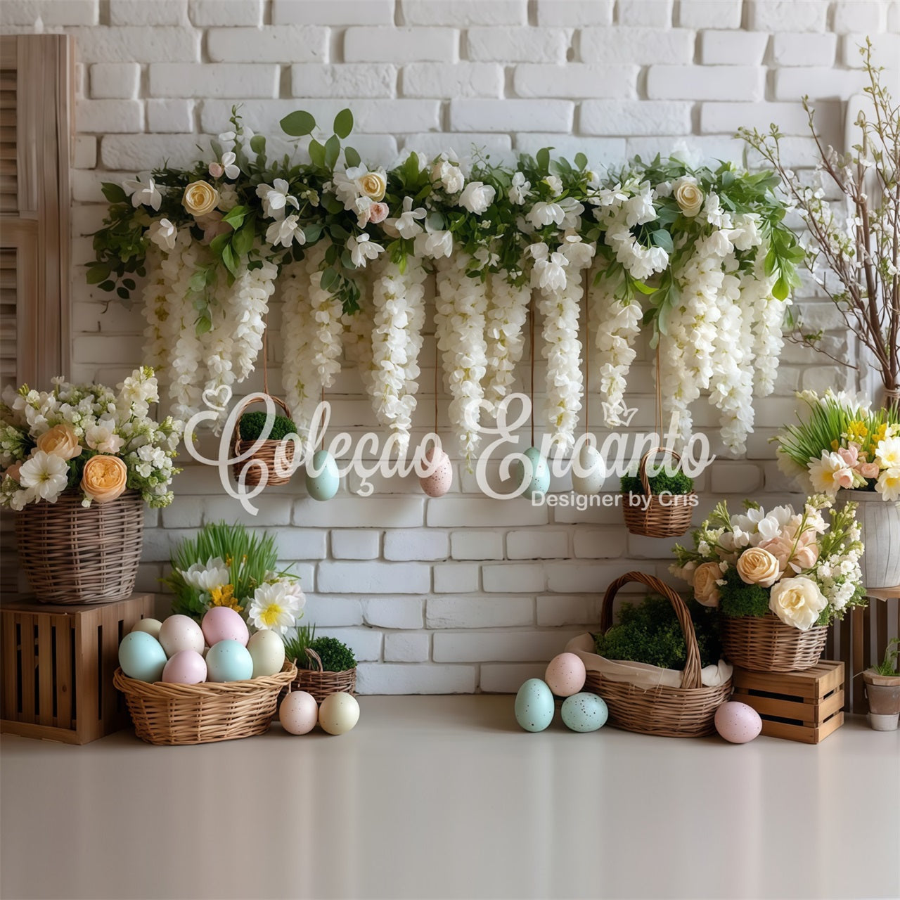 Toile de fond Pâques Mur Blanc Floral Œufs Par Magali