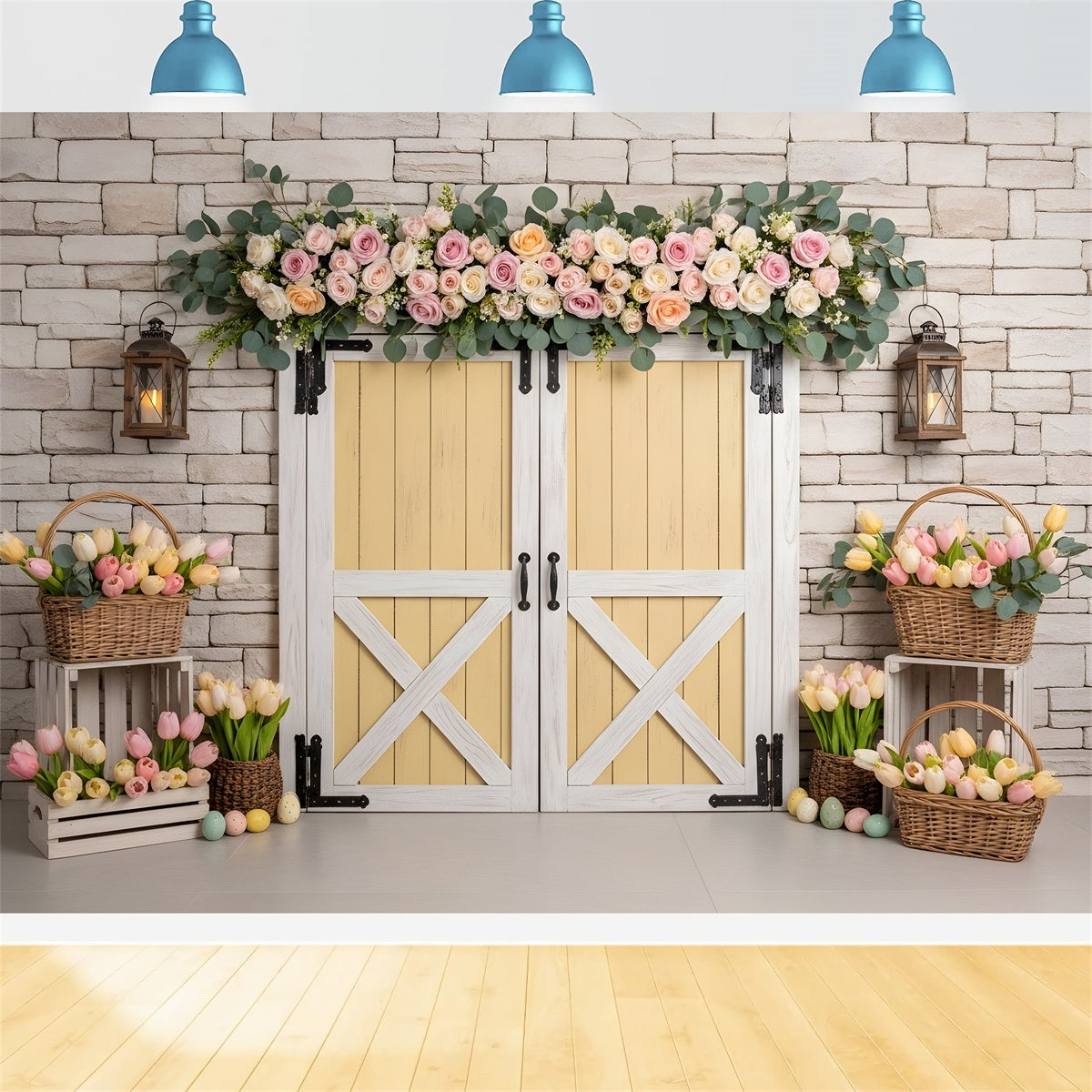 Toile de fond Photo Pâques Porte Jaune Panier Tulipees Œuf Par Magali