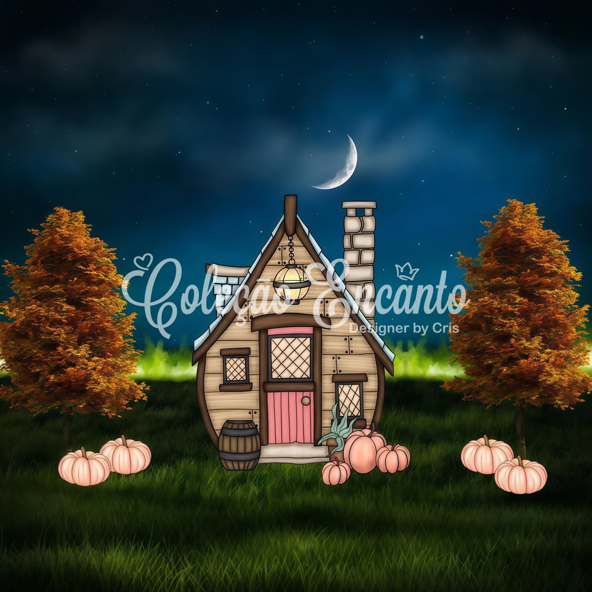 Toile de fond Photo Nouveau-né Cottage Clair De Lune Pelouse Citrouille Par Magali
