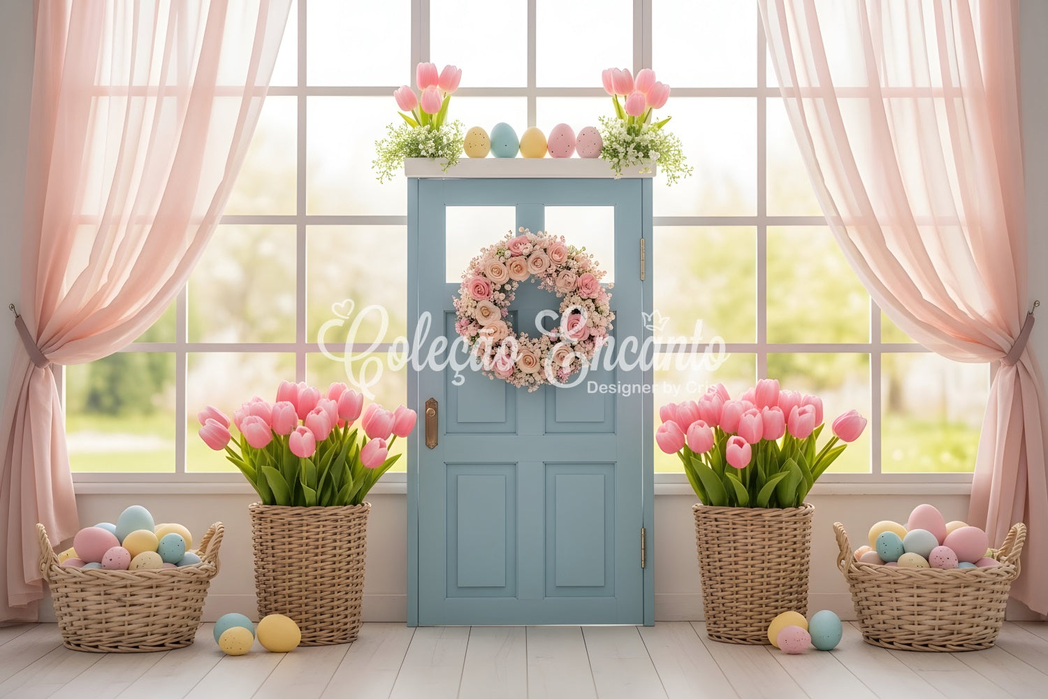 Fond Studio Pâques Porte Bleue Paniers Tulipees Œufs Par Magali