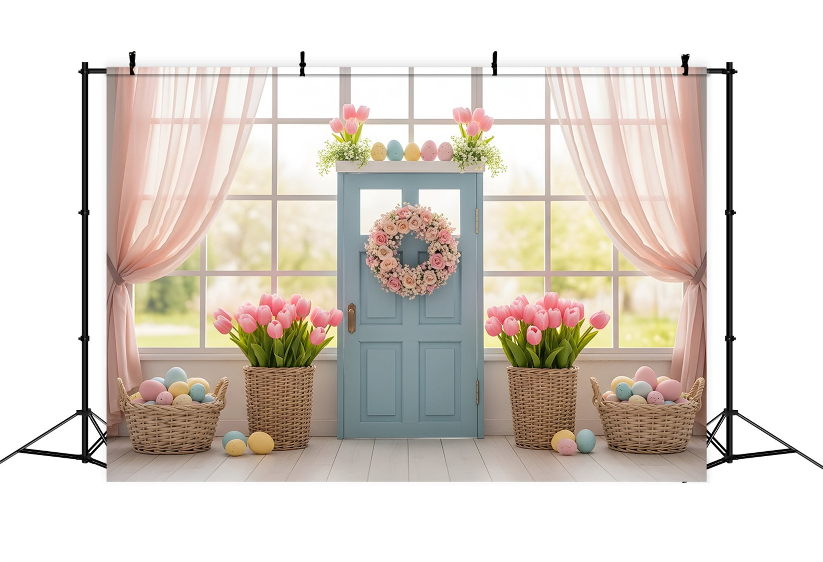 Fond Studio Pâques Porte Bleue Paniers Tulipees Œufs Par Magali