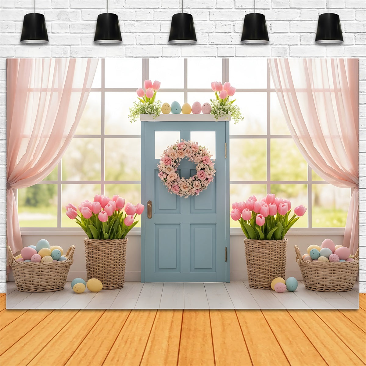 Fond Studio Pâques Porte Bleue Paniers Tulipees Œufs Par Magali