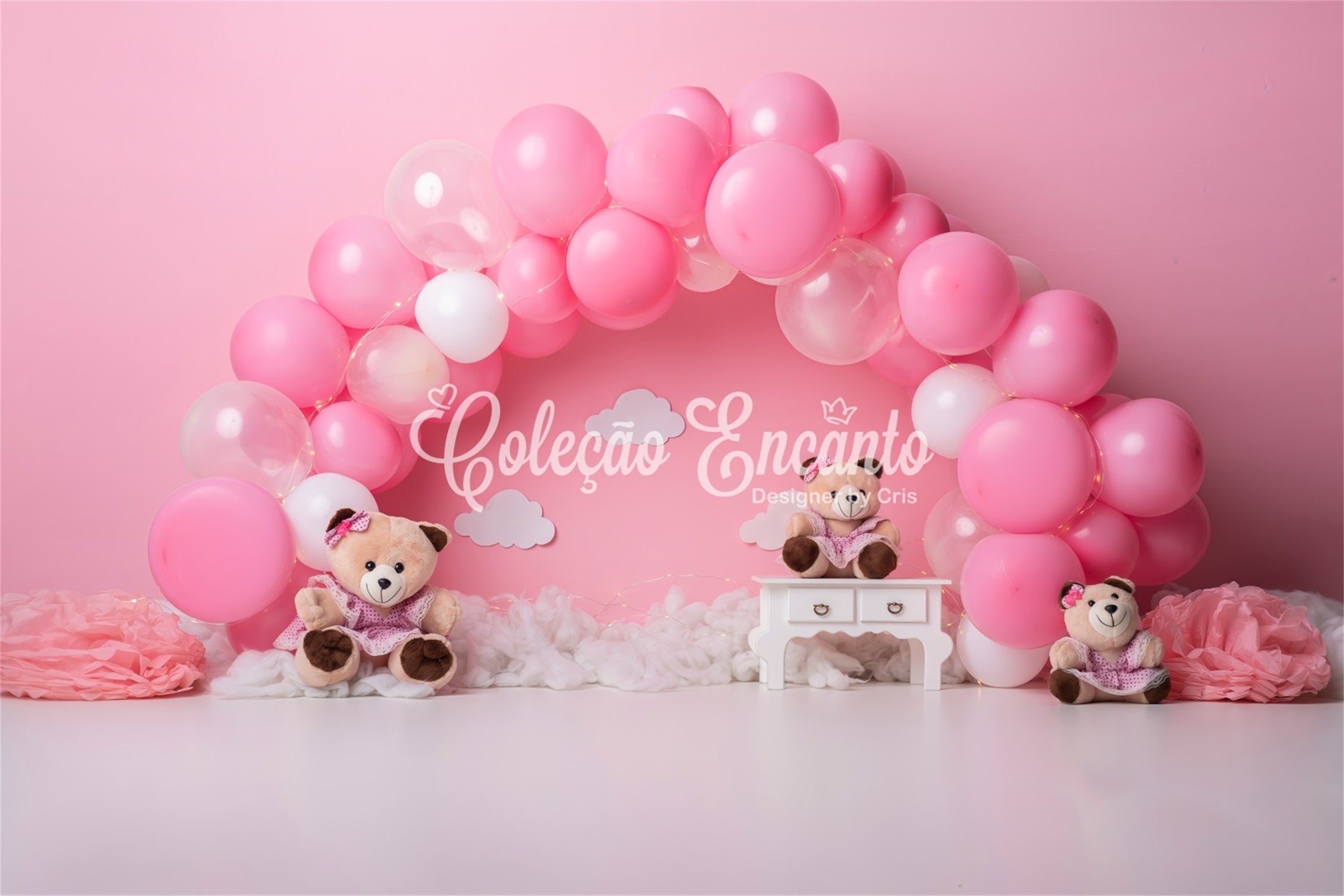 Toile de fond Nouveau-né Arche Ballons Roses Trio Oursons Par Magali