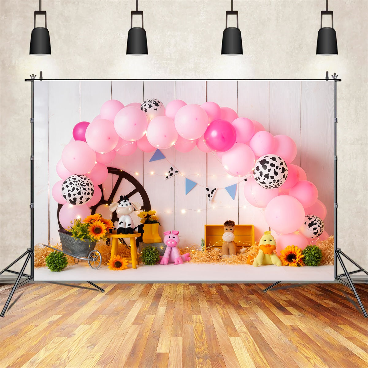 Toile de fond Photo Nouveau-né Ferme Rose Ballons Tournesol Foin Par Magali