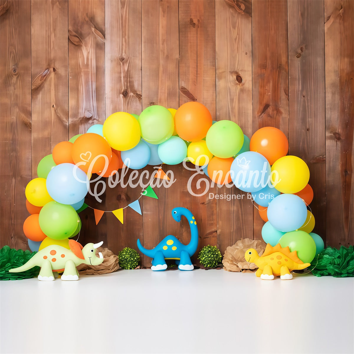 Fond Studio Nouveau-né Arche Fête Dinosaures Ballons Colorés Par Magali