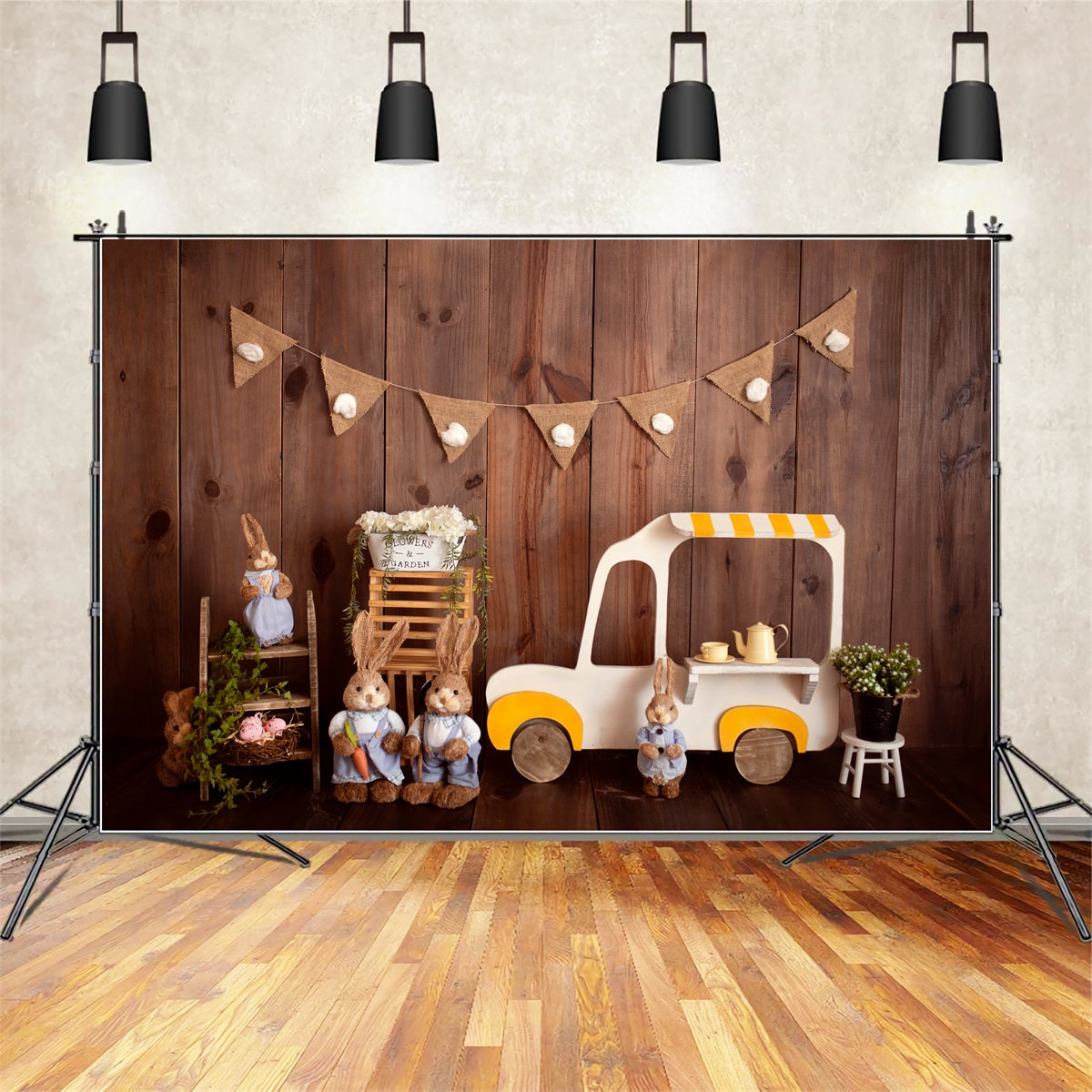 Fond Studio Nouveau-né Chariot Glace Lapin Bois Par Magali