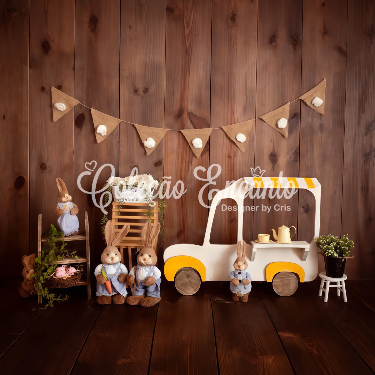 Fond Studio Nouveau-né Chariot Glace Lapin Bois Par Magali