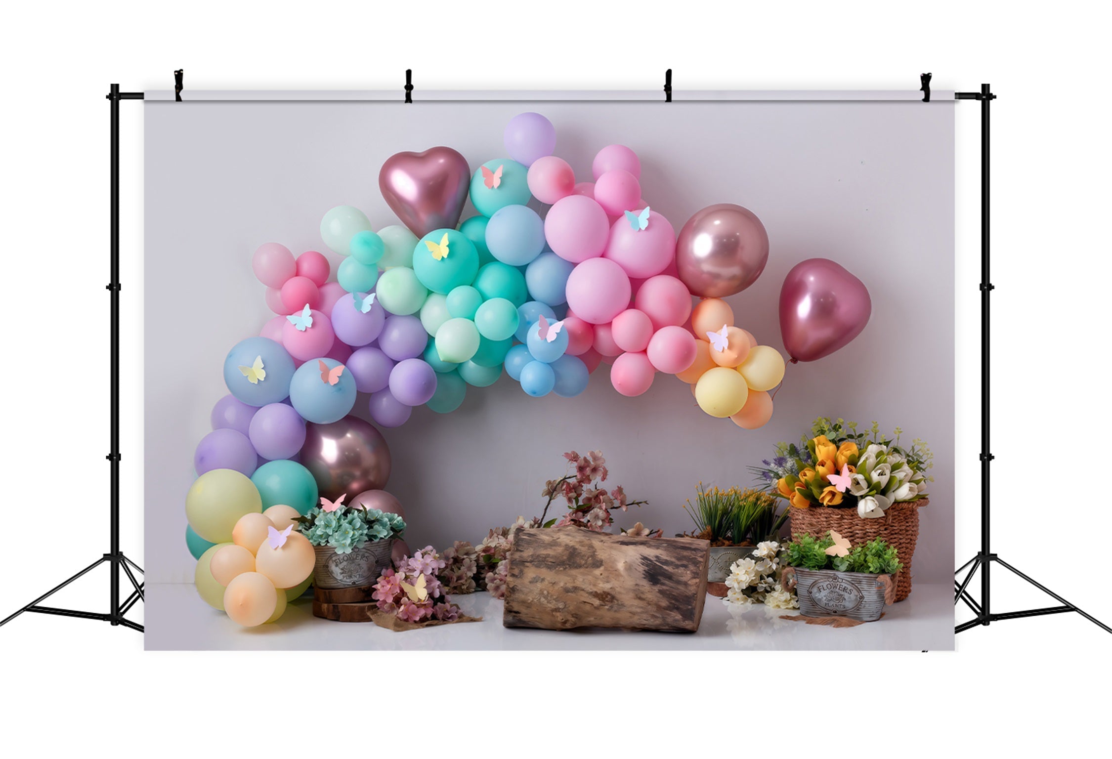 Toile de fond Nouveau-né Papillon Pastel Ballons Fleurs Par Magali