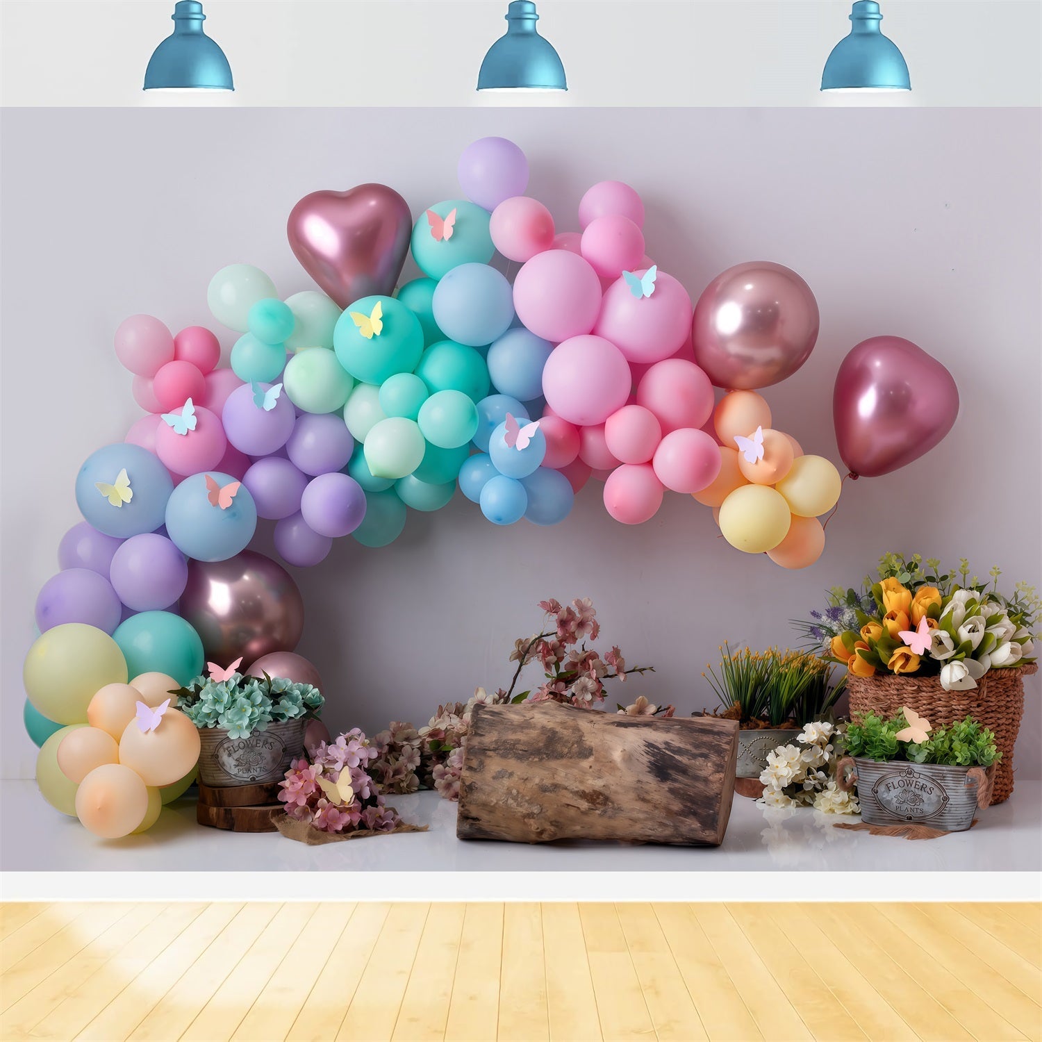Toile de fond Nouveau-né Papillon Pastel Ballons Fleurs Par Magali