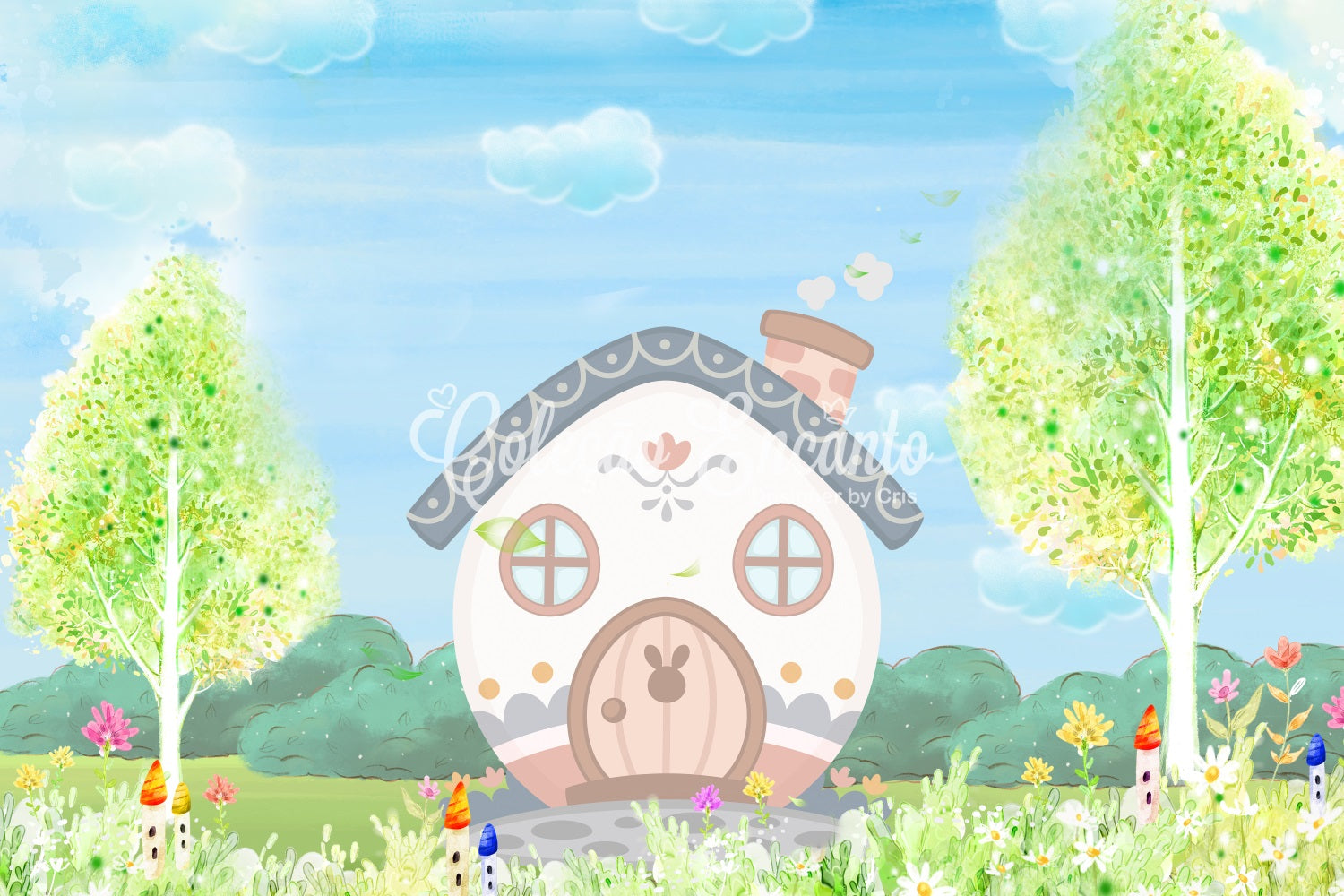 Toile de fond Nouveau-né Cottage Lapin Pastel Jardin Printemps Par Magali