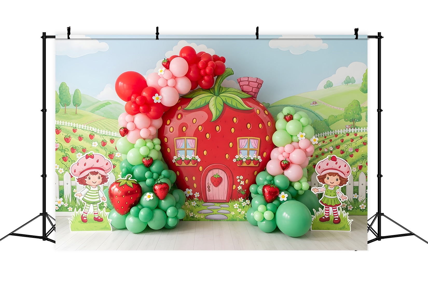 Toile de fond pour enfant avec maison fraise jardin et ballons CEM65-10