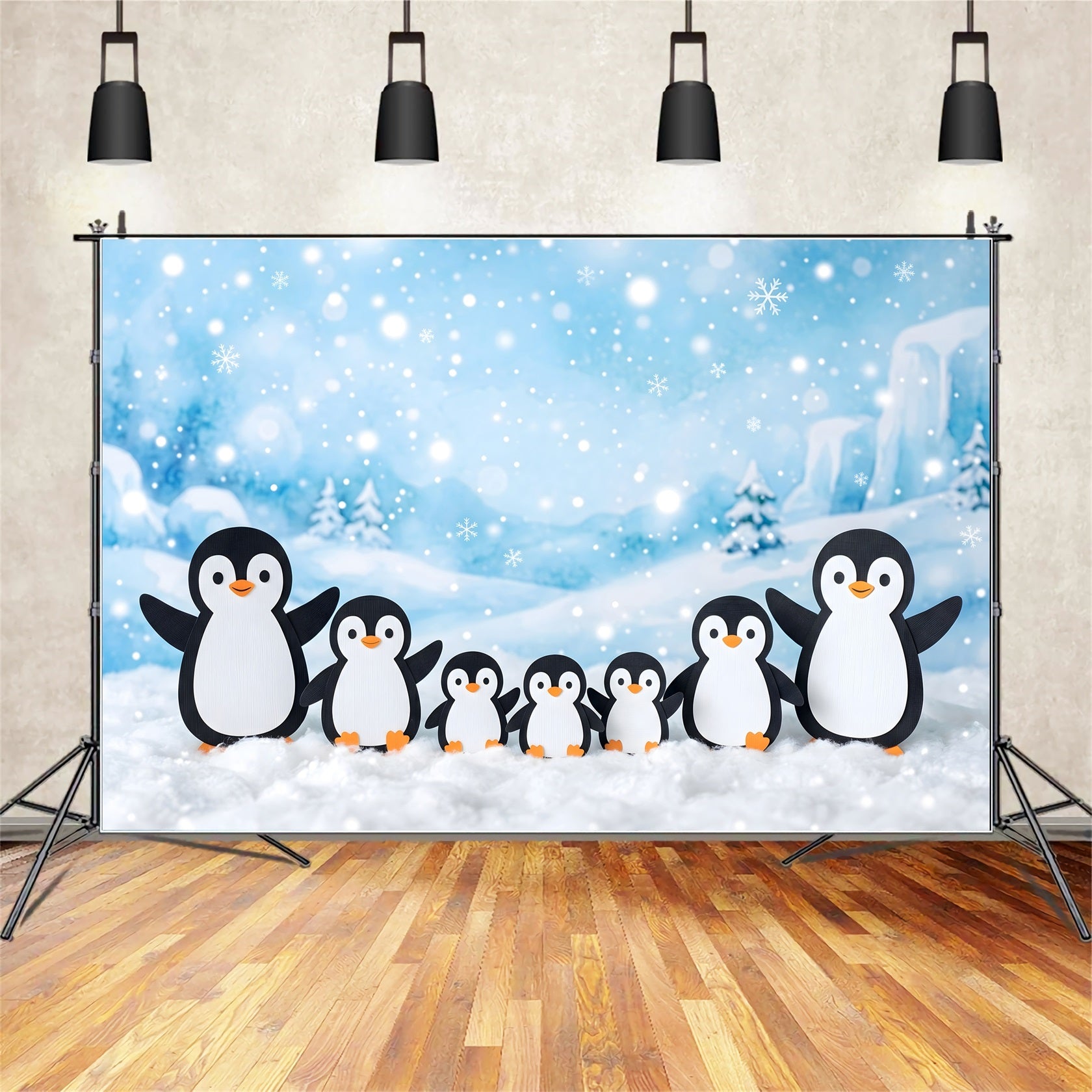 Toile de fond de Noël enneigée avec famille de pingouins au pays des merveilles hivernal CEM65-101