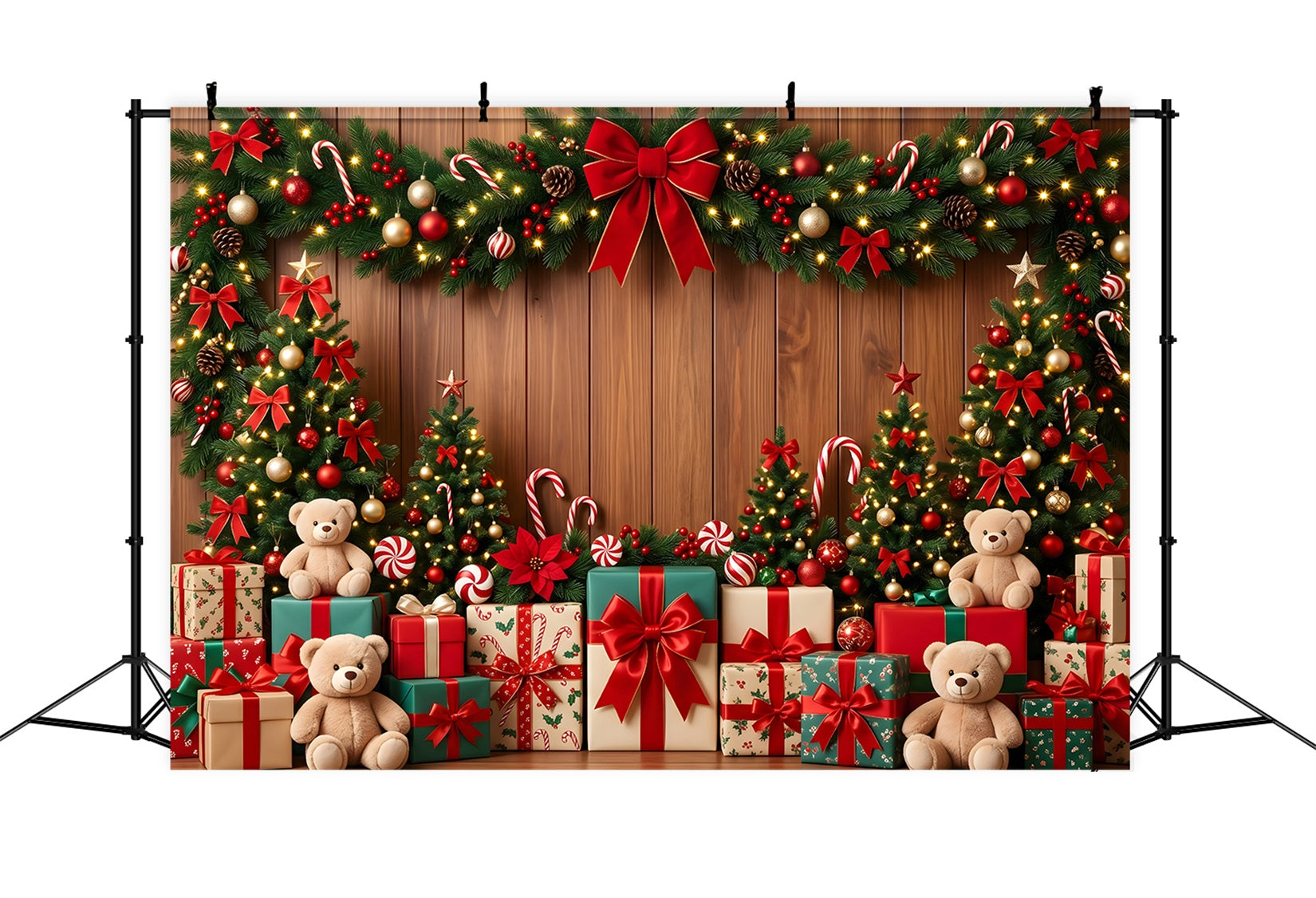 Toile de fond photo de Noël avec sucres d’orge ours cadeaux et guirlande CEM65-103
