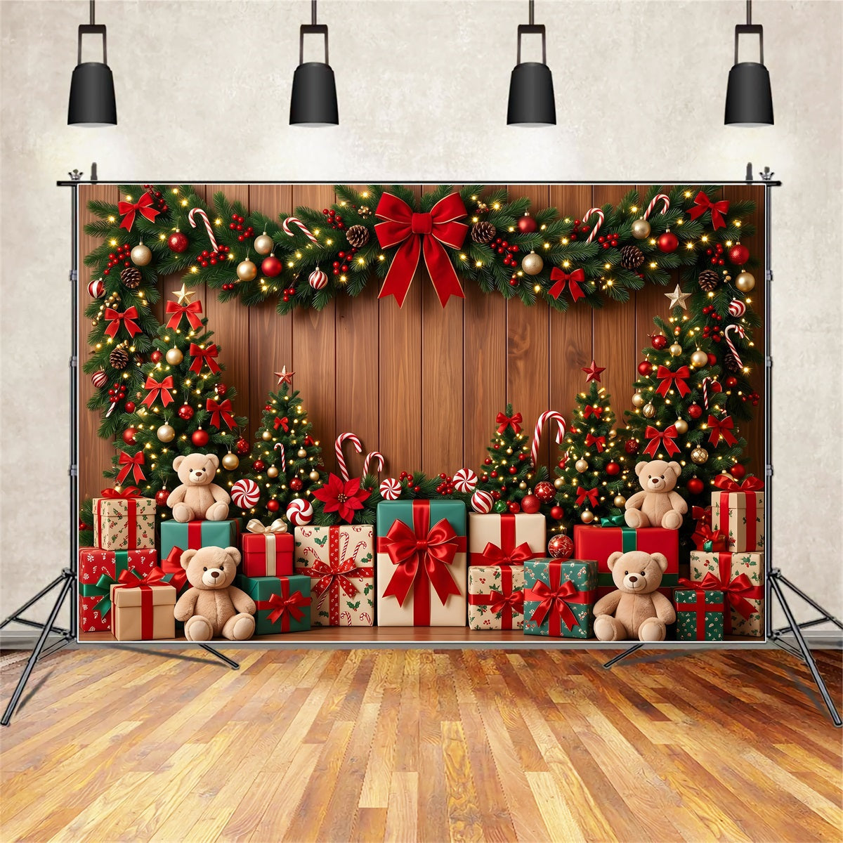 Toile de fond photo de Noël avec sucres d’orge ours cadeaux et guirlande CEM65-103