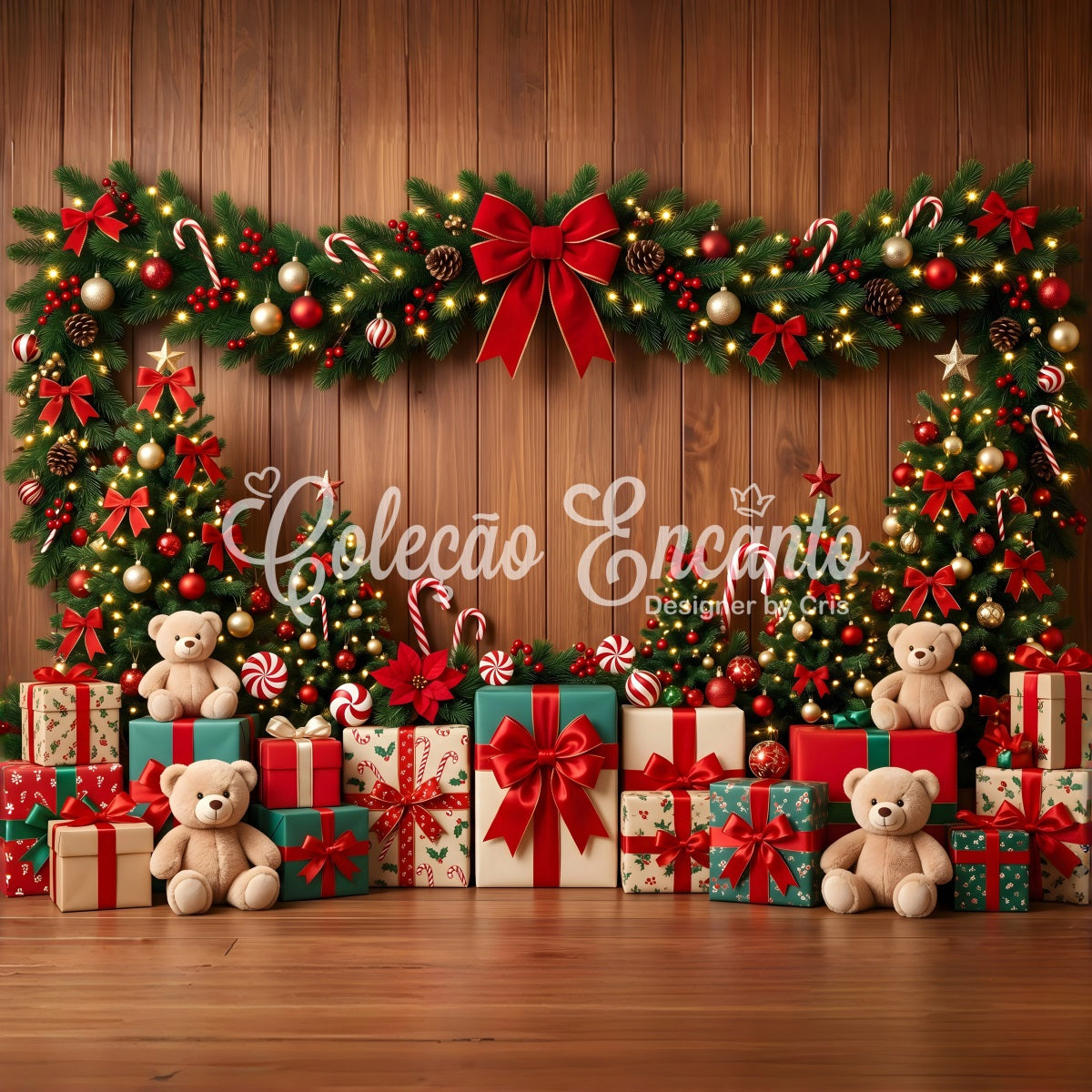 Toile de fond photo de Noël avec sucres d’orge ours cadeaux et guirlande CEM65-103