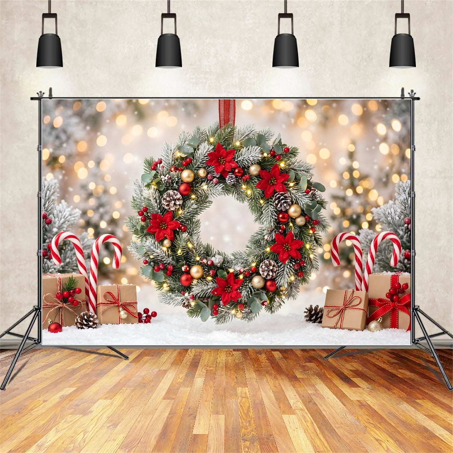 Toile de fond lumineuse de Noël avec couronne givrée de poinsettias et bonbons CEM65-104