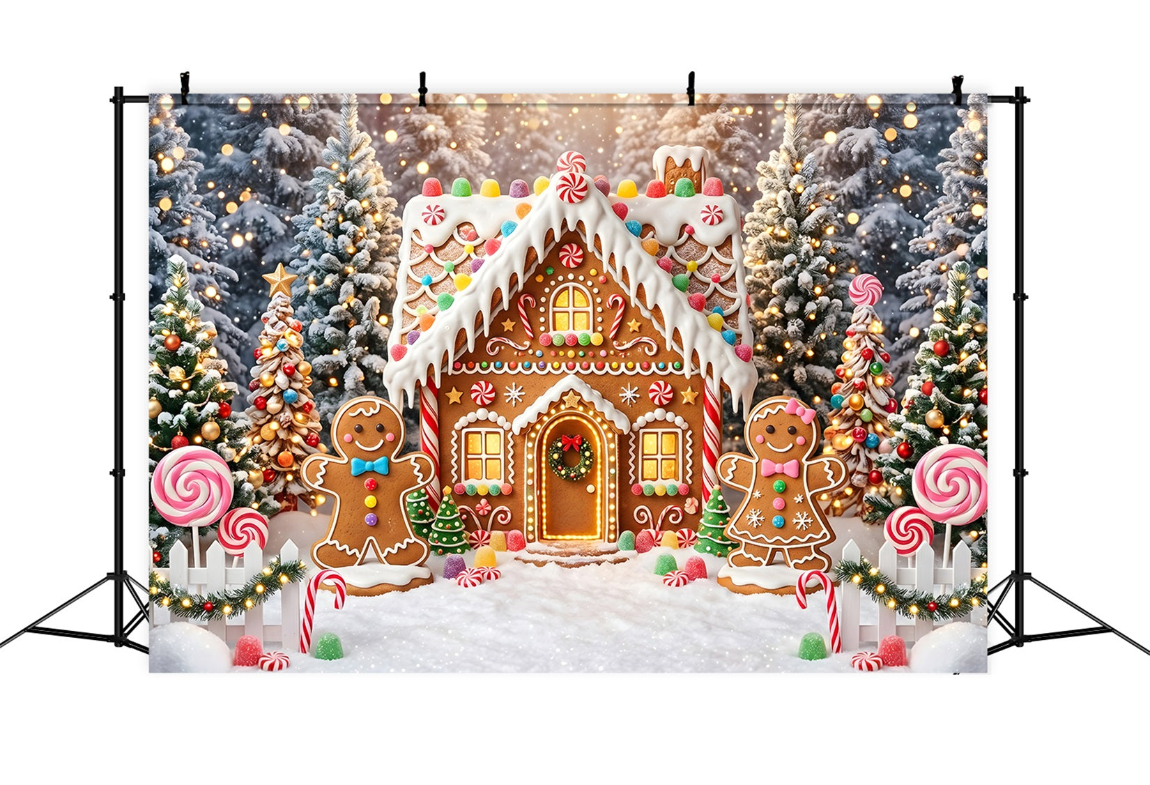 Toile de fond de village de Noël avec maison de bonbons en pain d’épices illuminée CEM65-105