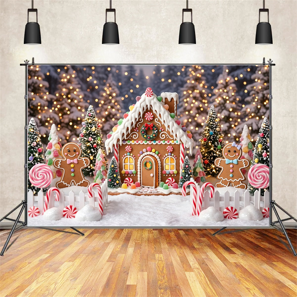Toile de fond de Noël avec maison en pain d’épices dans une forêt de bonbons CEM65-106