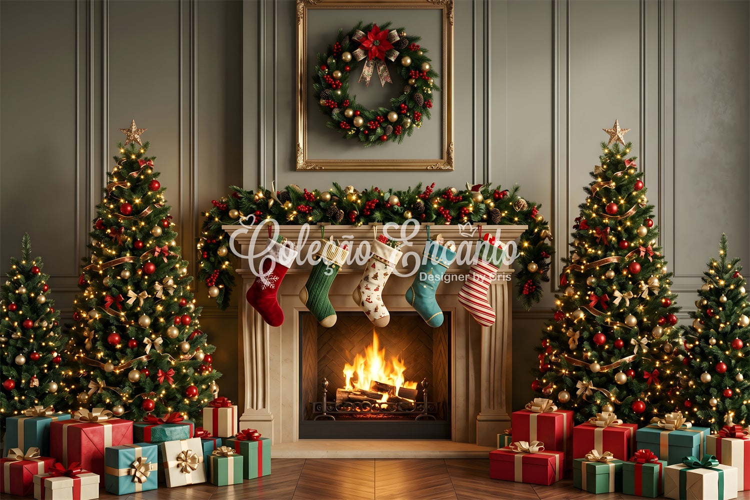 Toile de fond photo de Noël avec manteau classique bas suspendus et sapin CEM65-109