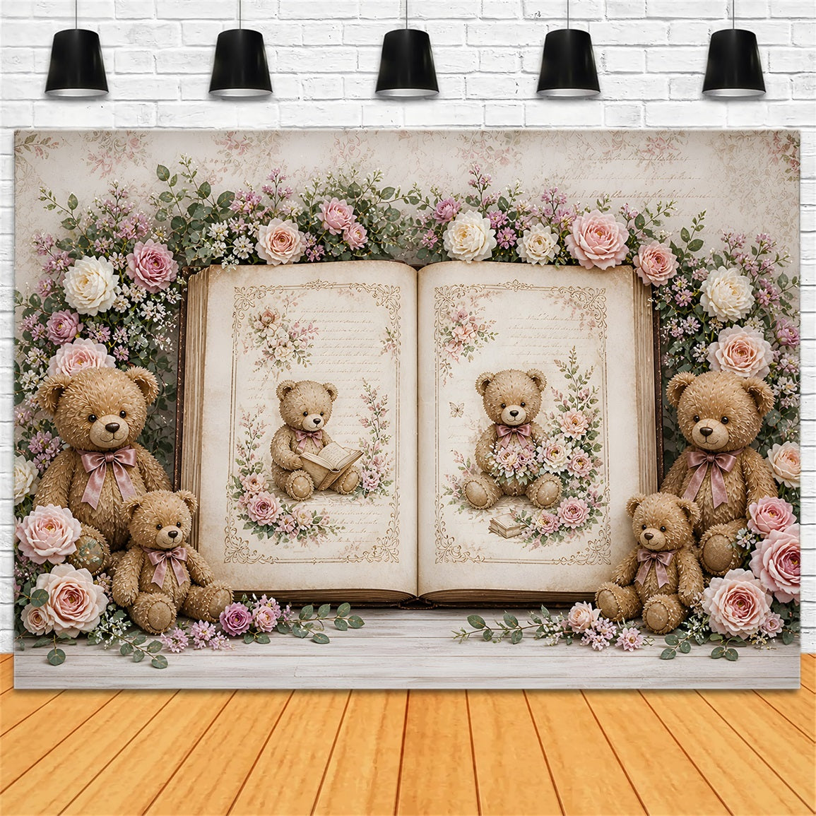 Toile de fond en tissu pour nouveau-né avec ours rétro livre de contes et roses CEM65-11