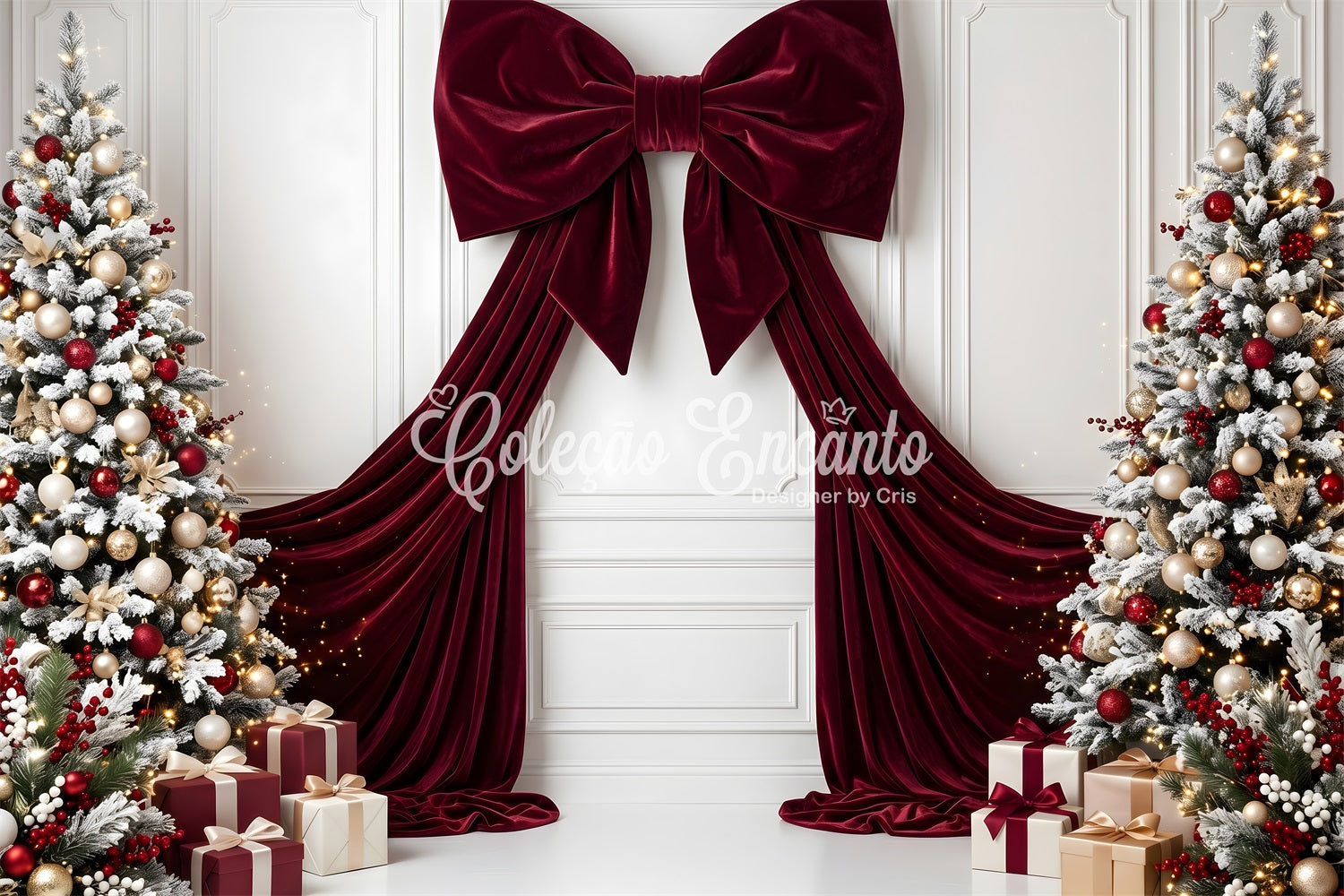 Toile de fond de Noël avec nœud en velours bordeaux et sapins givrés pour séance photo CEM65-113