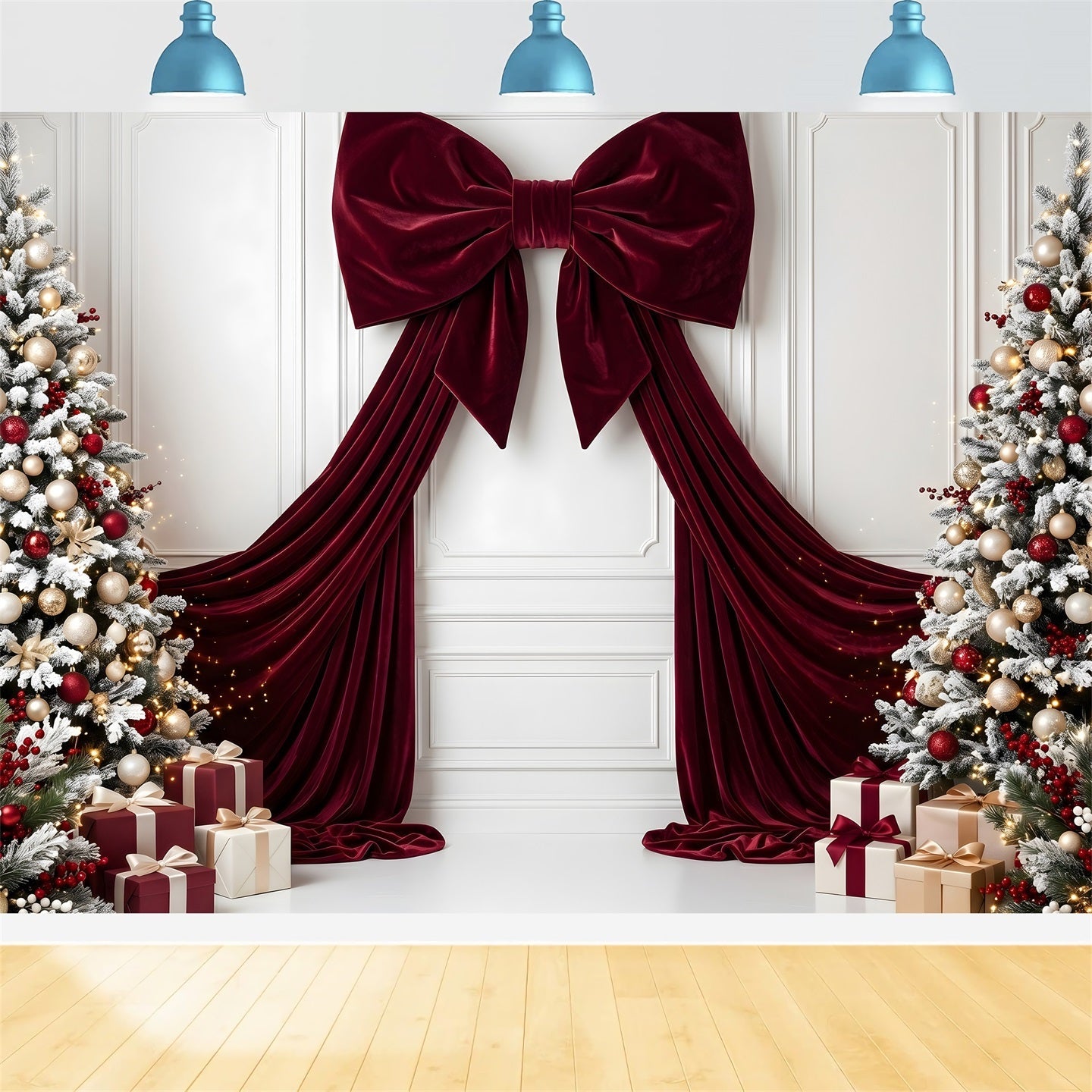 Toile de fond de Noël avec nœud en velours bordeaux et sapins givrés pour séance photo CEM65-113