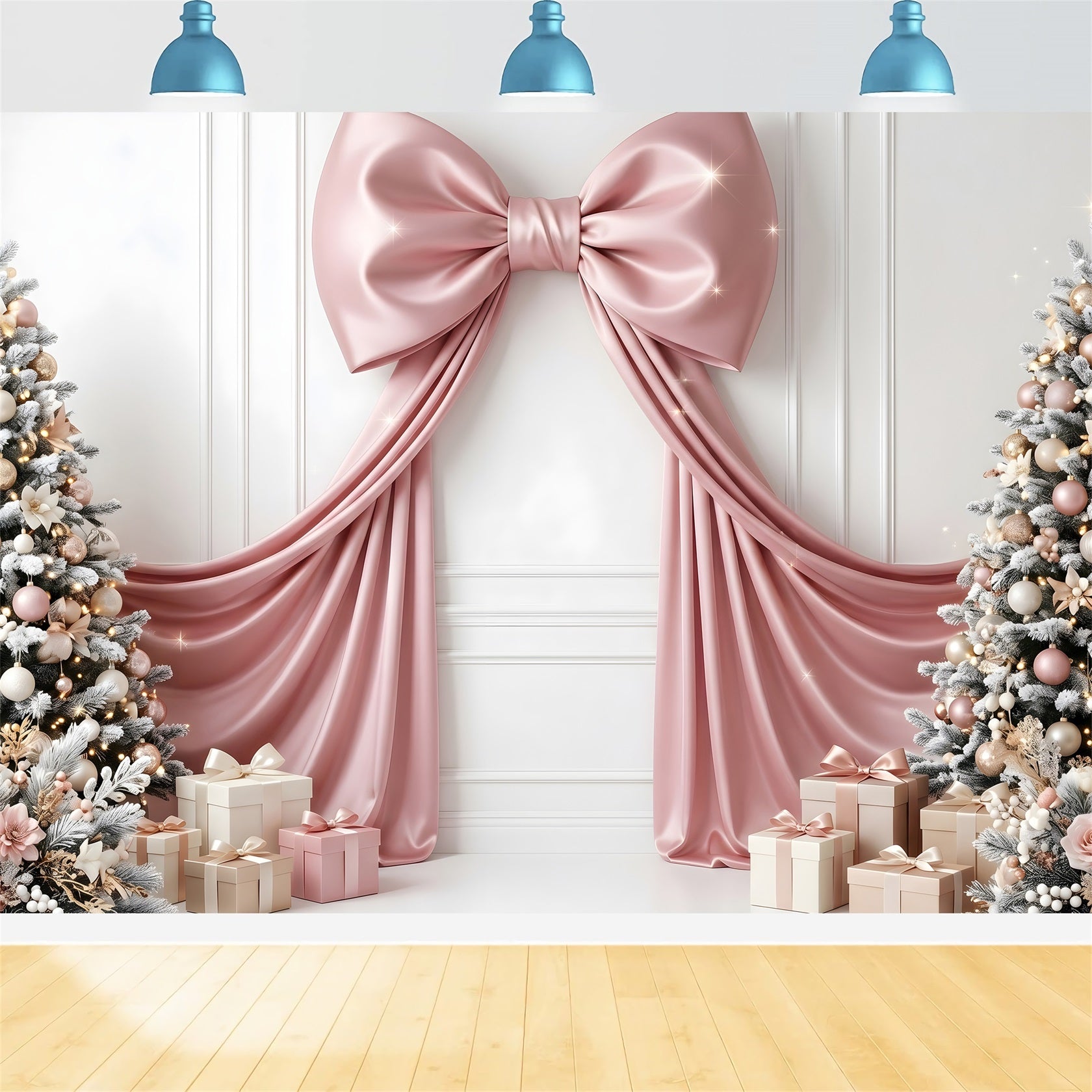 Toile de fond murale de Noël avec nœud en satin rose cadeaux et sapins pour photomaton CEM65-114