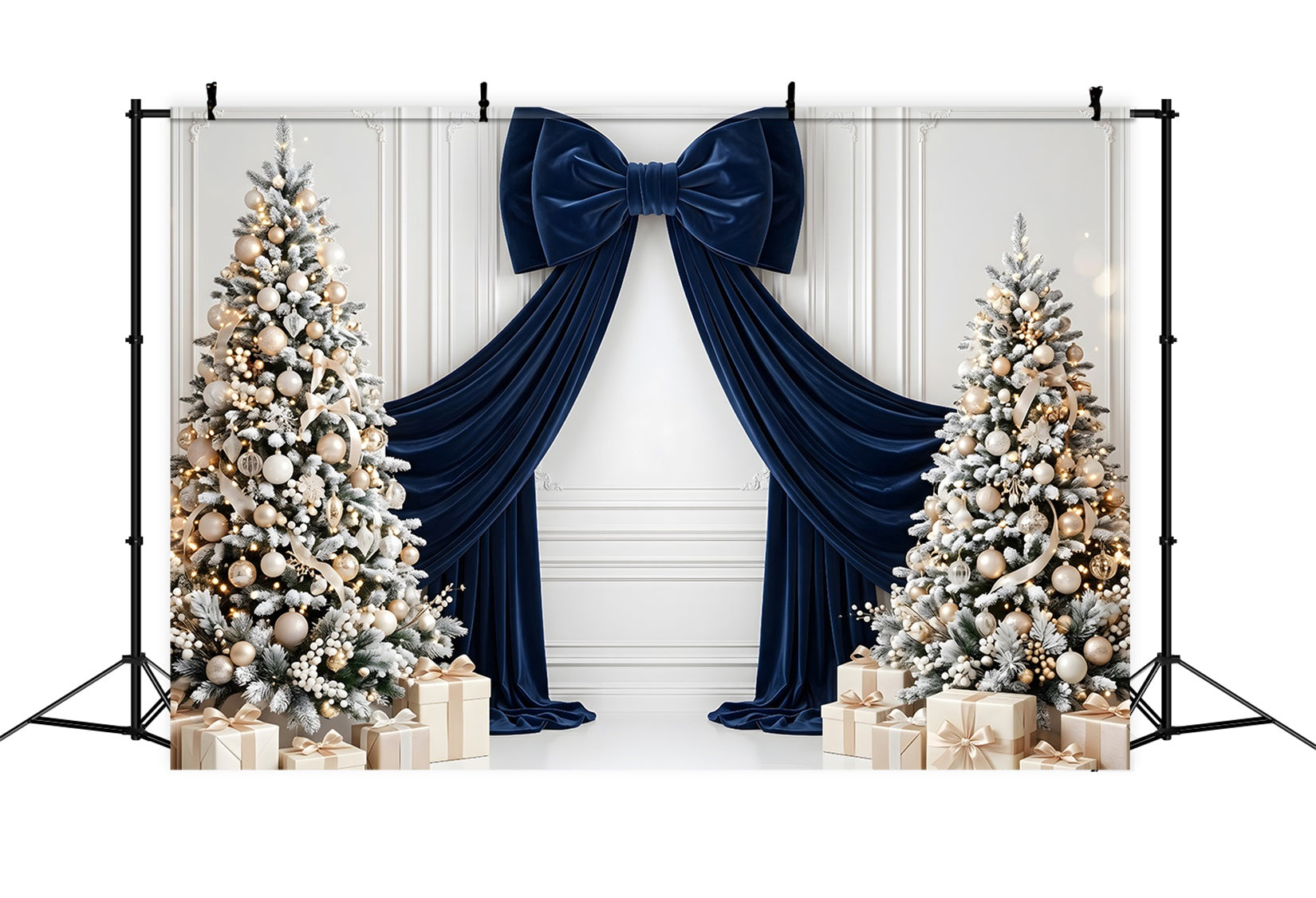 Toile de fond de Noël avec nœud en velours bleu marine et sapins givrés pour studio CEM65-115