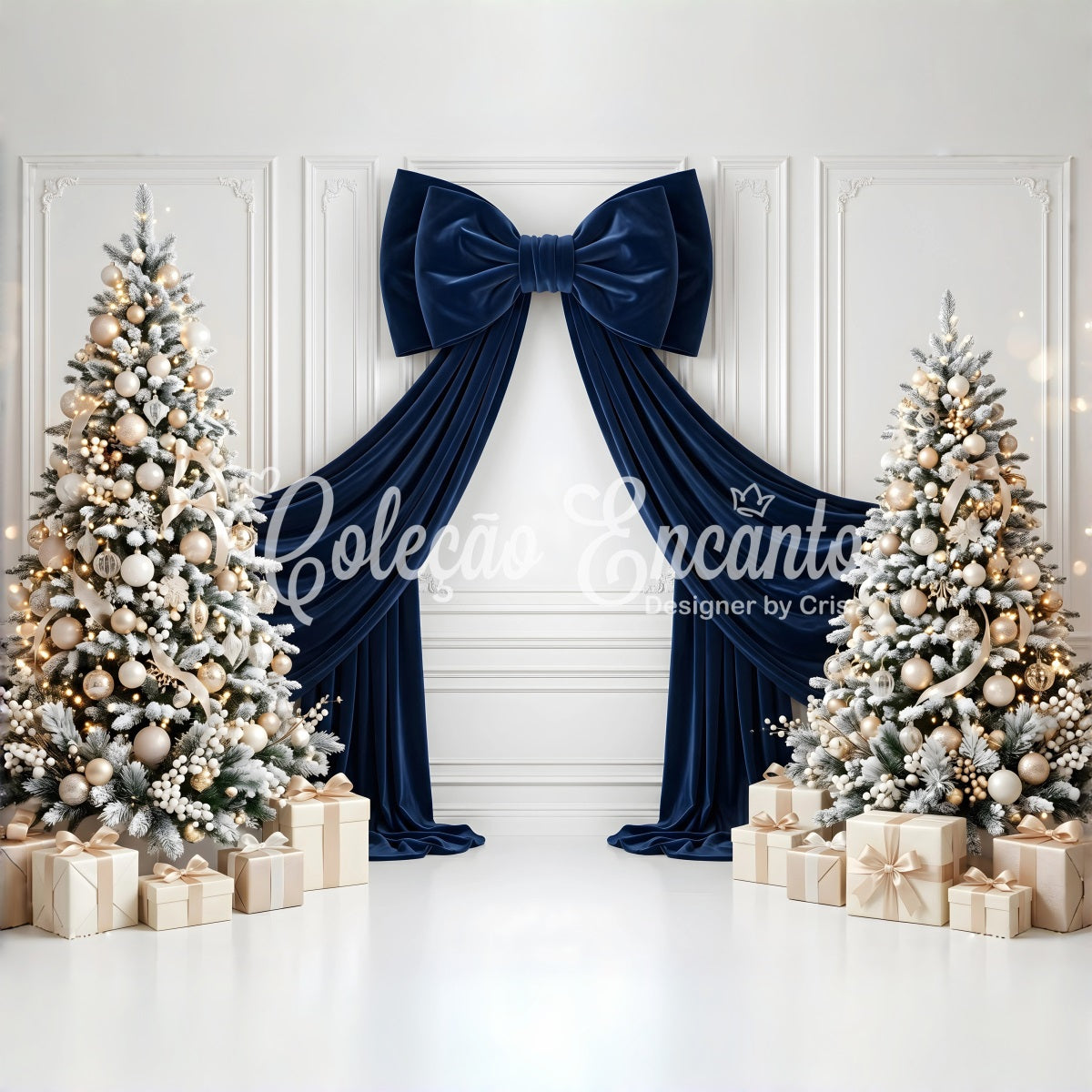 Toile de fond de Noël avec nœud en velours bleu marine et sapins givrés pour studio CEM65-115