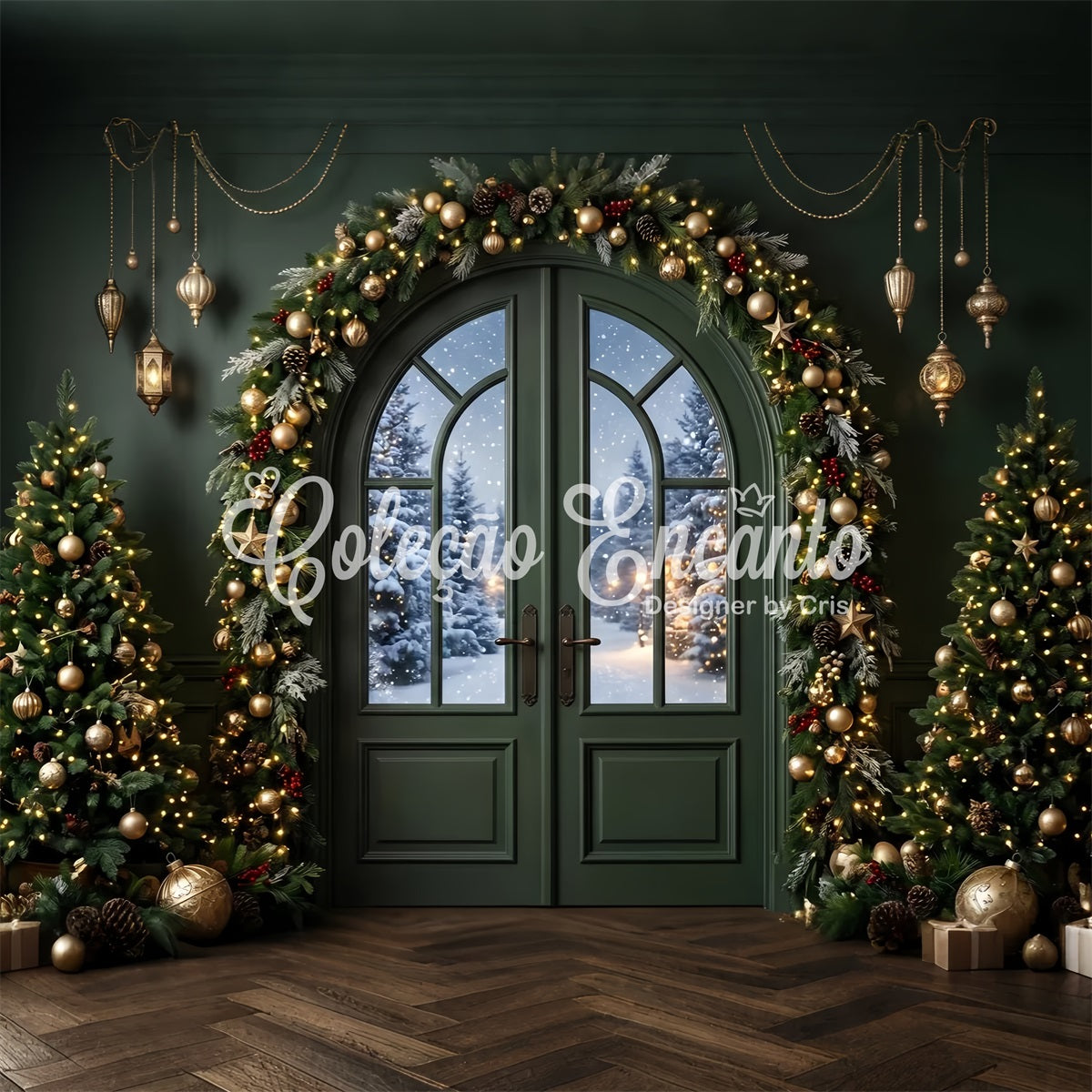 Toile de fond verte de Noël avec porte émeraude guirlande dorée et sapins CEM65-117