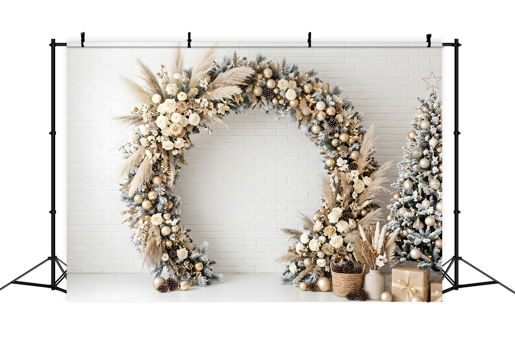 Toile de fond murale de Noël bohème avec pampas fleurs guirlande et arche CEM65-118