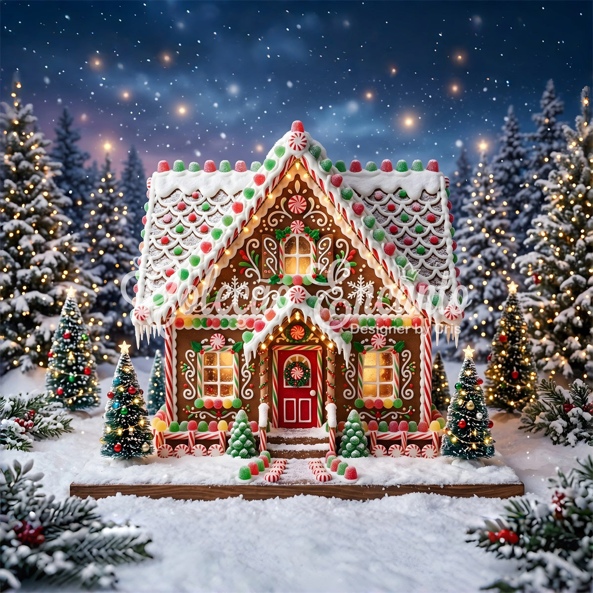 Toile de fond de Noël avec maison en pain d’épices bonbons et forêt enneigée pour photomaton CEM65-119