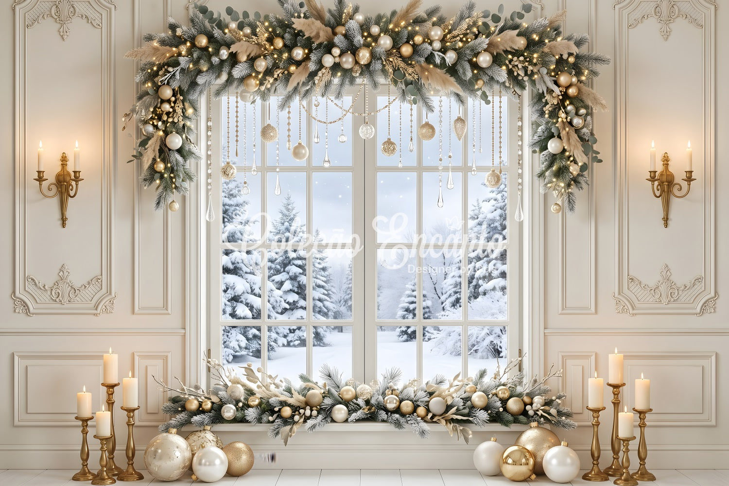 Grande toile de fond de Noël avec fenêtre d’hiver en cristal doré et guirlande CEM65-121