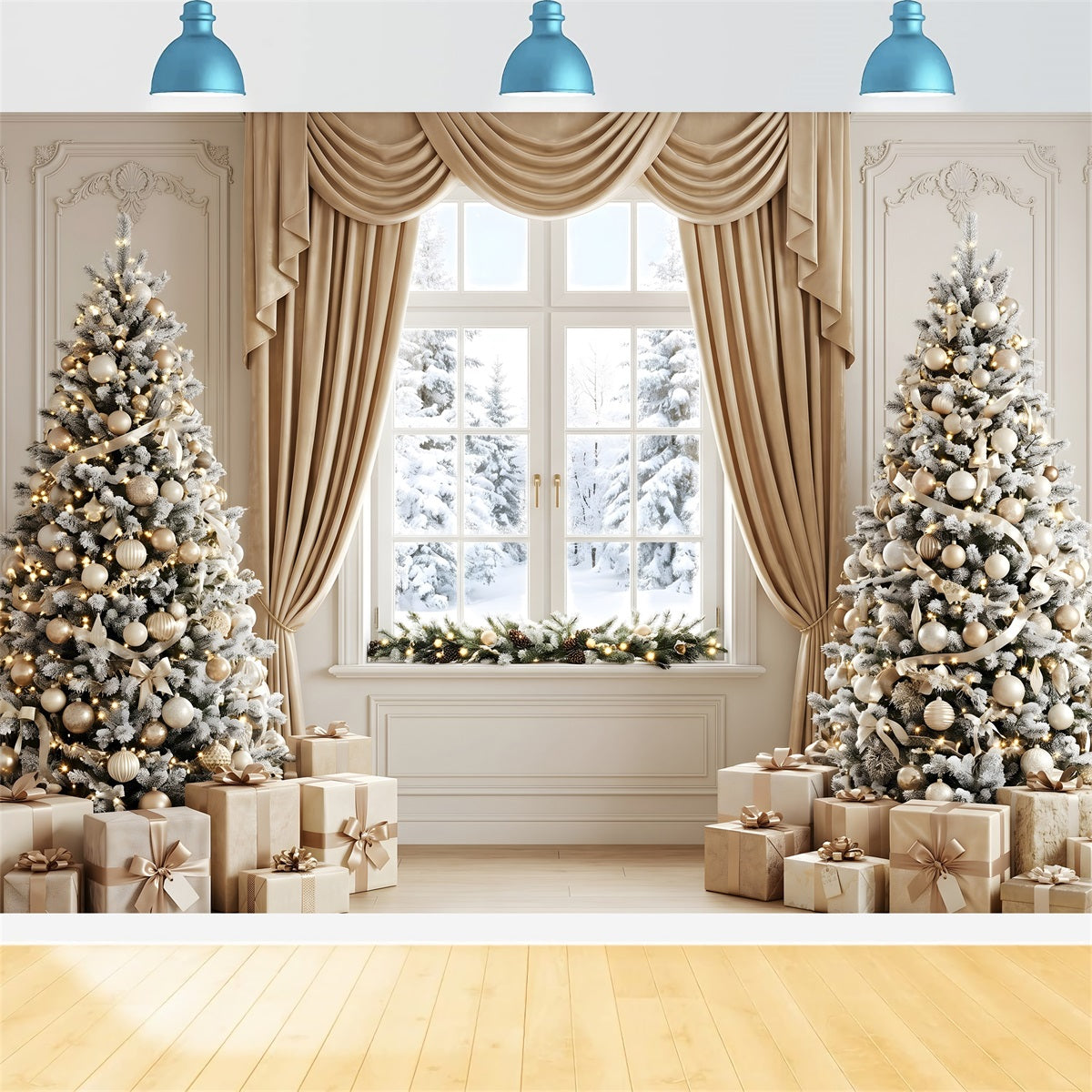 Toile de fond de Noël avec fenêtre rideau champagne et sapin givré CEM65-122