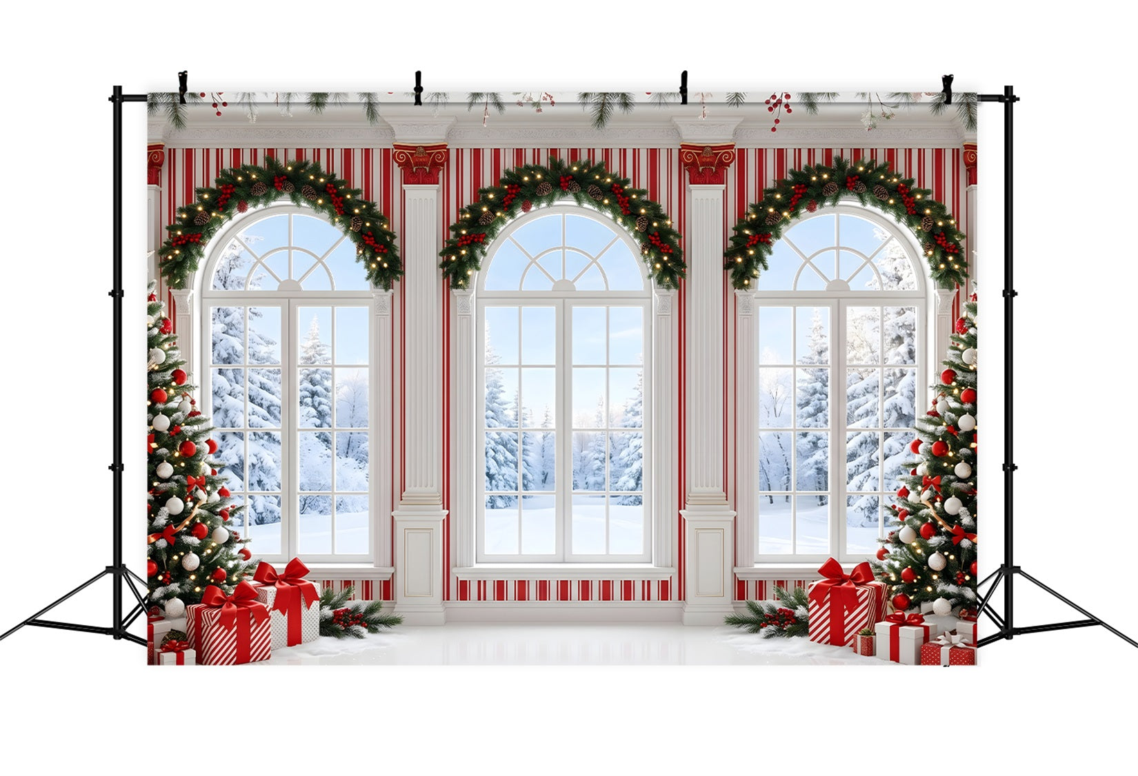 Toile de fond de Noël avec fenêtre hivernale à rayures de bonbons pour séance photo CEM65-123
