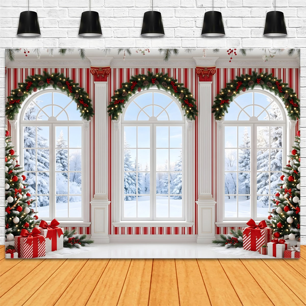 Toile de fond de Noël avec fenêtre hivernale à rayures de bonbons pour séance photo CEM65-123