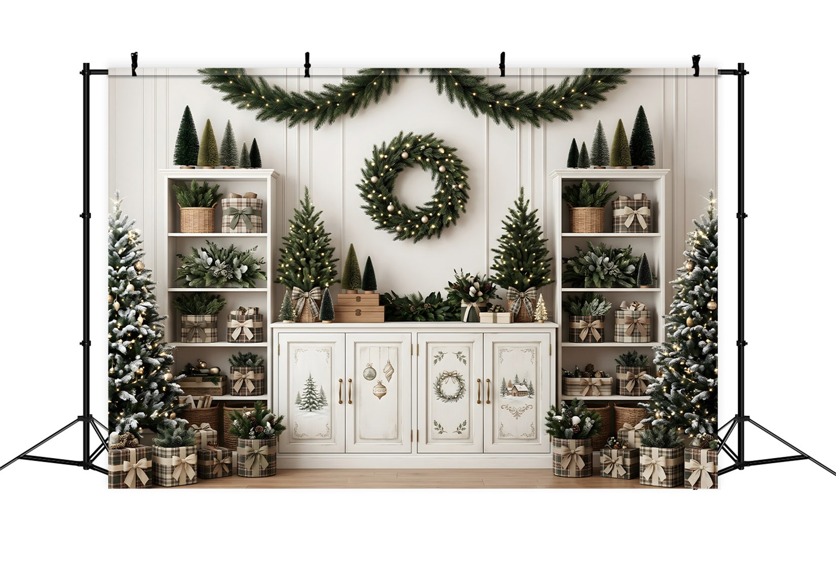 Toile de fond de Noël avec étagère neutre couronne et petits sapins CEM65-124