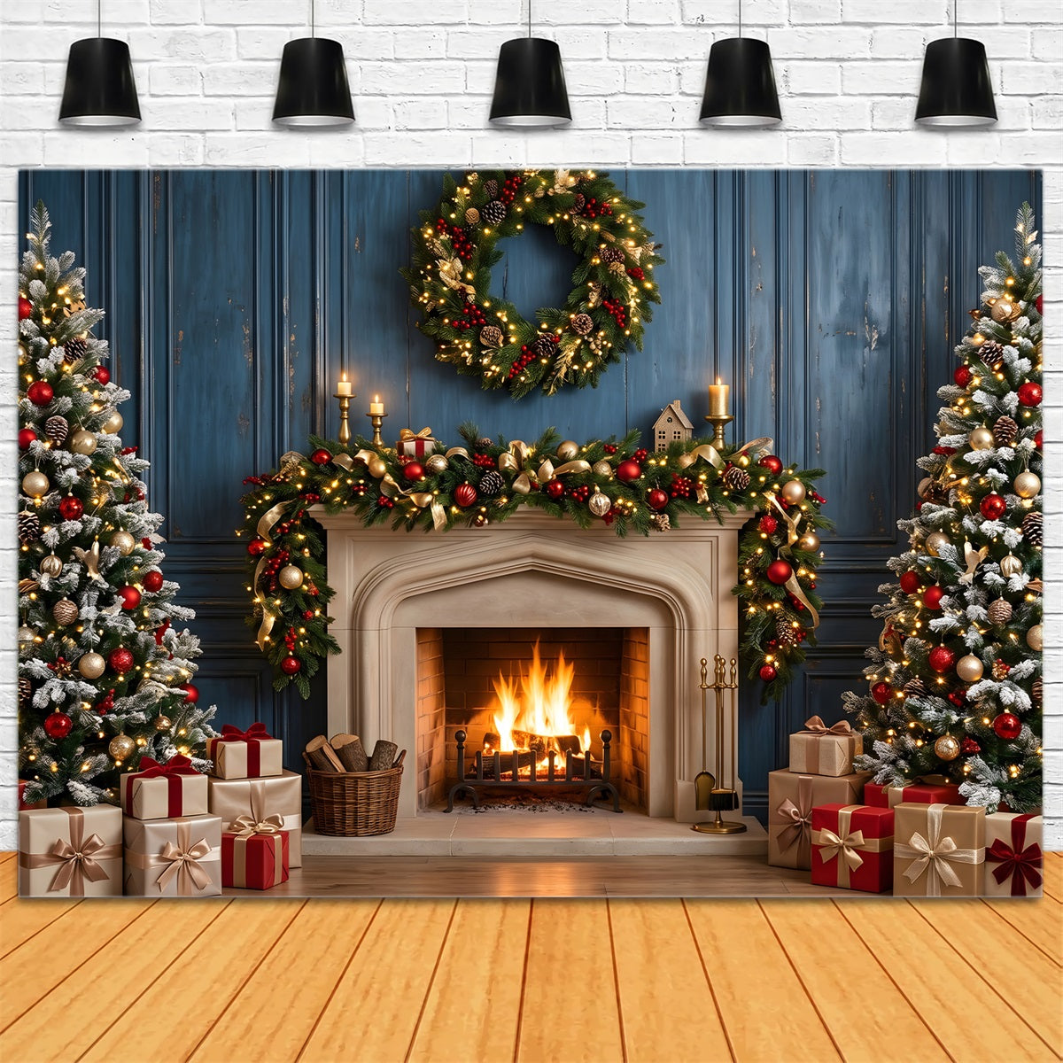 Toile de fond bleue de Noël avec cheminée couronne et sapins CEM65-125