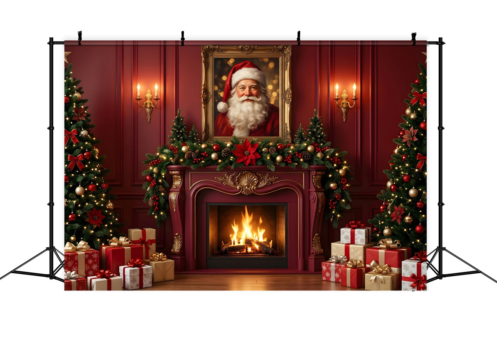 Toile de fond de Noël avec portrait du Père Noël et salon à cheminée rouge CEM65-126