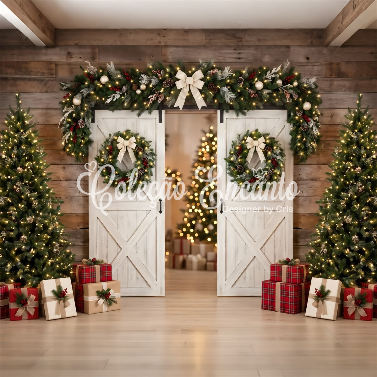 Toile de fond photo de Noël avec porte de grange blanche couronne et sapins CEM65-129