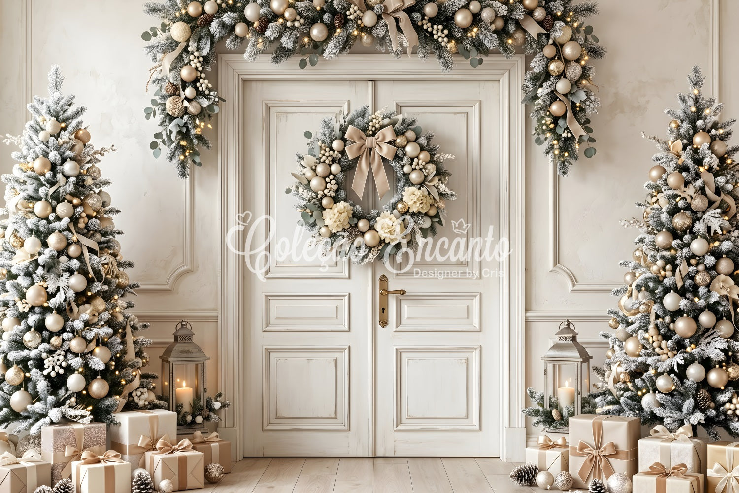 Belle toile de fond de Noël ivoire et or avec porte couronne et sapins CEM65-130